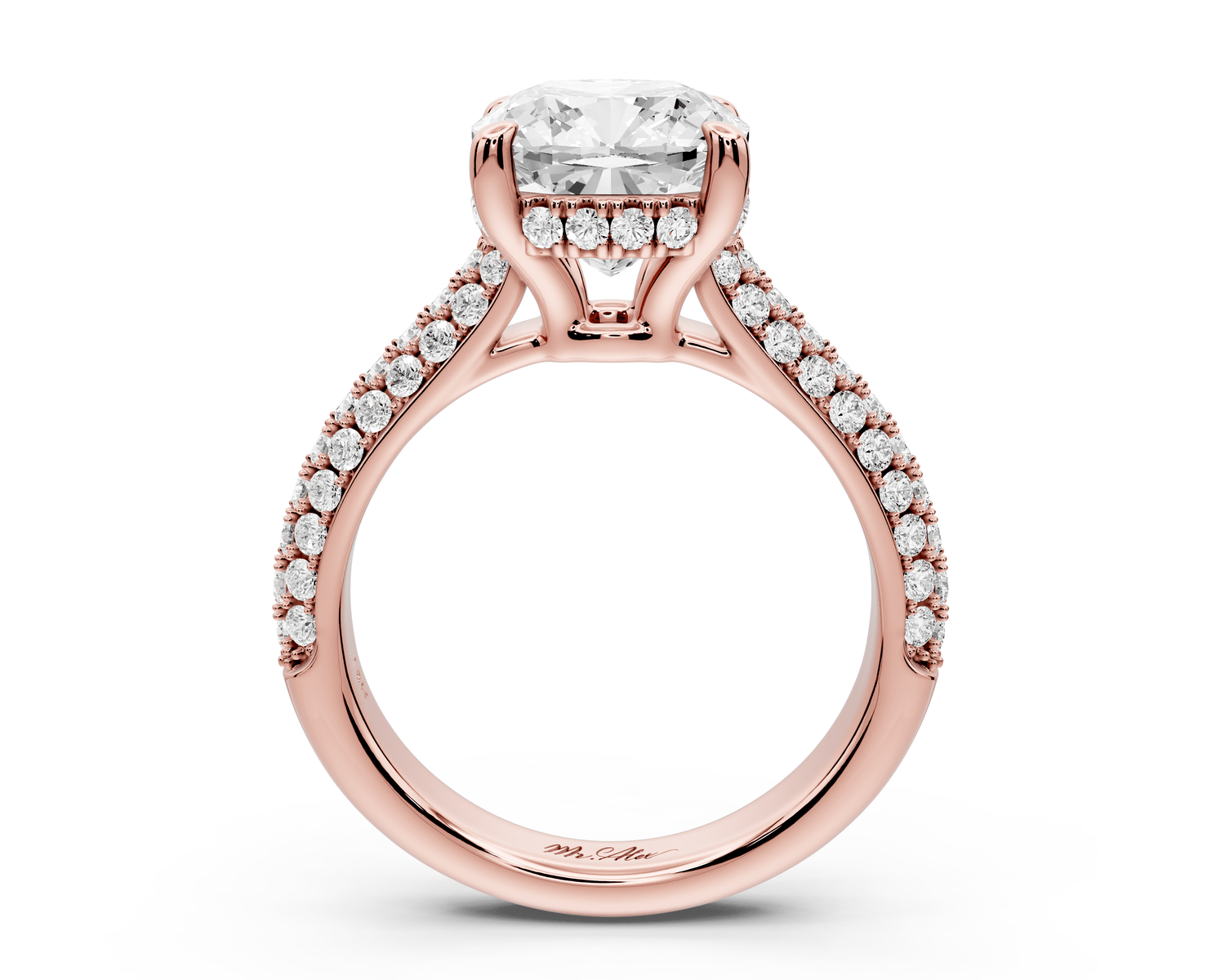 Camille - 3ct 14k rose gold cushion Diamond hidden halo rollover pave cathedral engagement ring - Mr. Alex Jewelry
