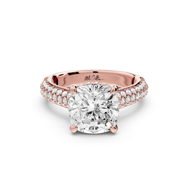 Camille - 3ct 14k rose gold cushion Diamond hidden halo rollover pave cathedral engagement ring - Mr. Alex Jewelry