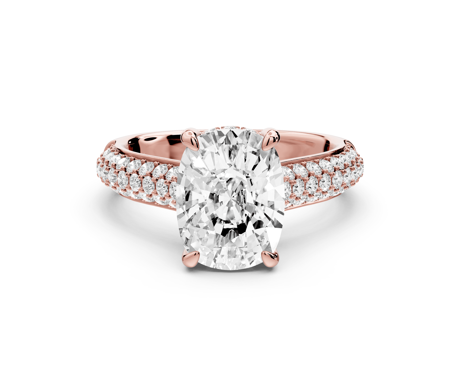 Camille - 3ct 14k rose gold ecushion Diamond hidden halo rollover pave cathedral engagement ring - Mr. Alex Jewelry