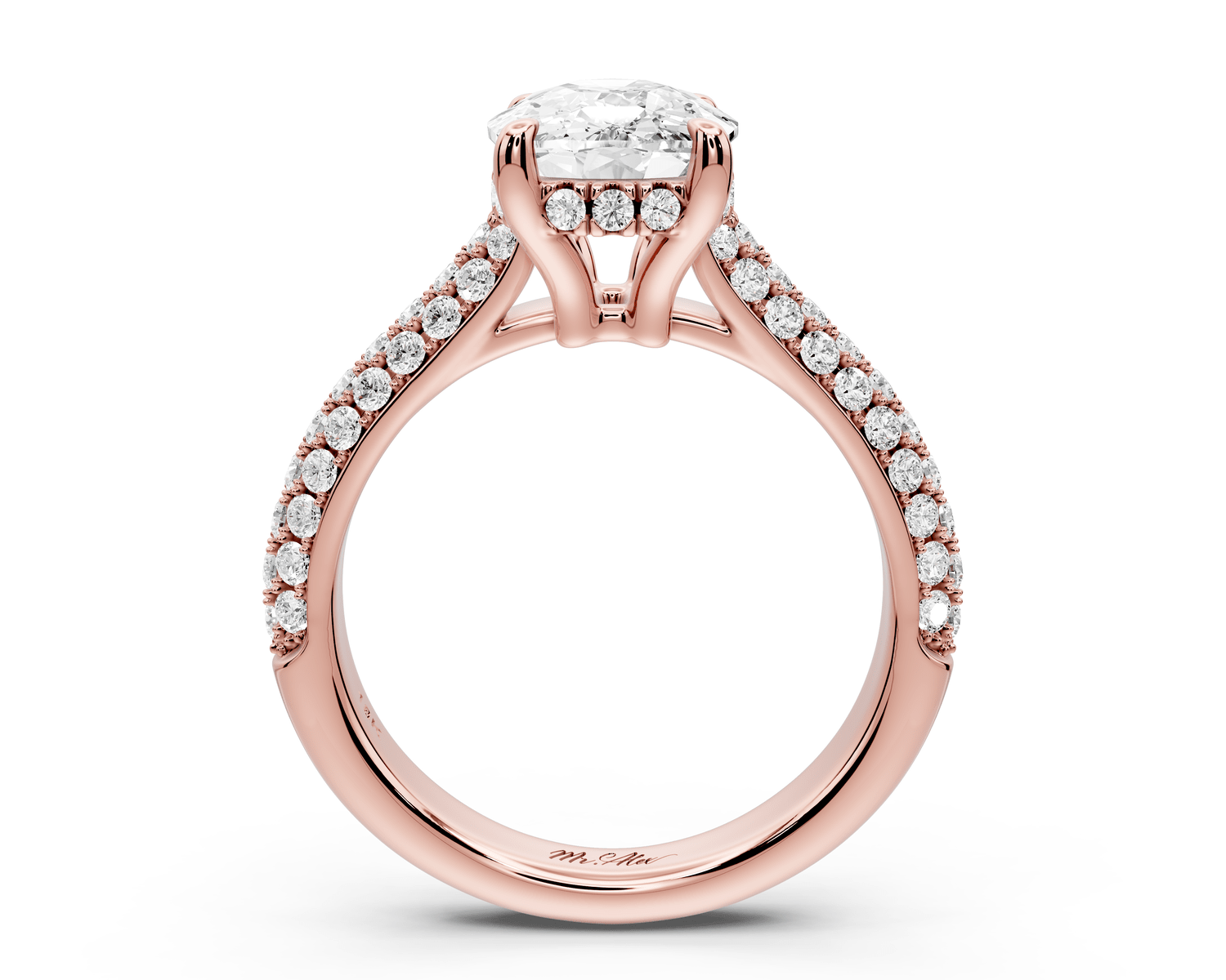 Camille - 3ct 14k rose gold ecushion Diamond hidden halo rollover pave cathedral engagement ring - Mr. Alex Jewelry