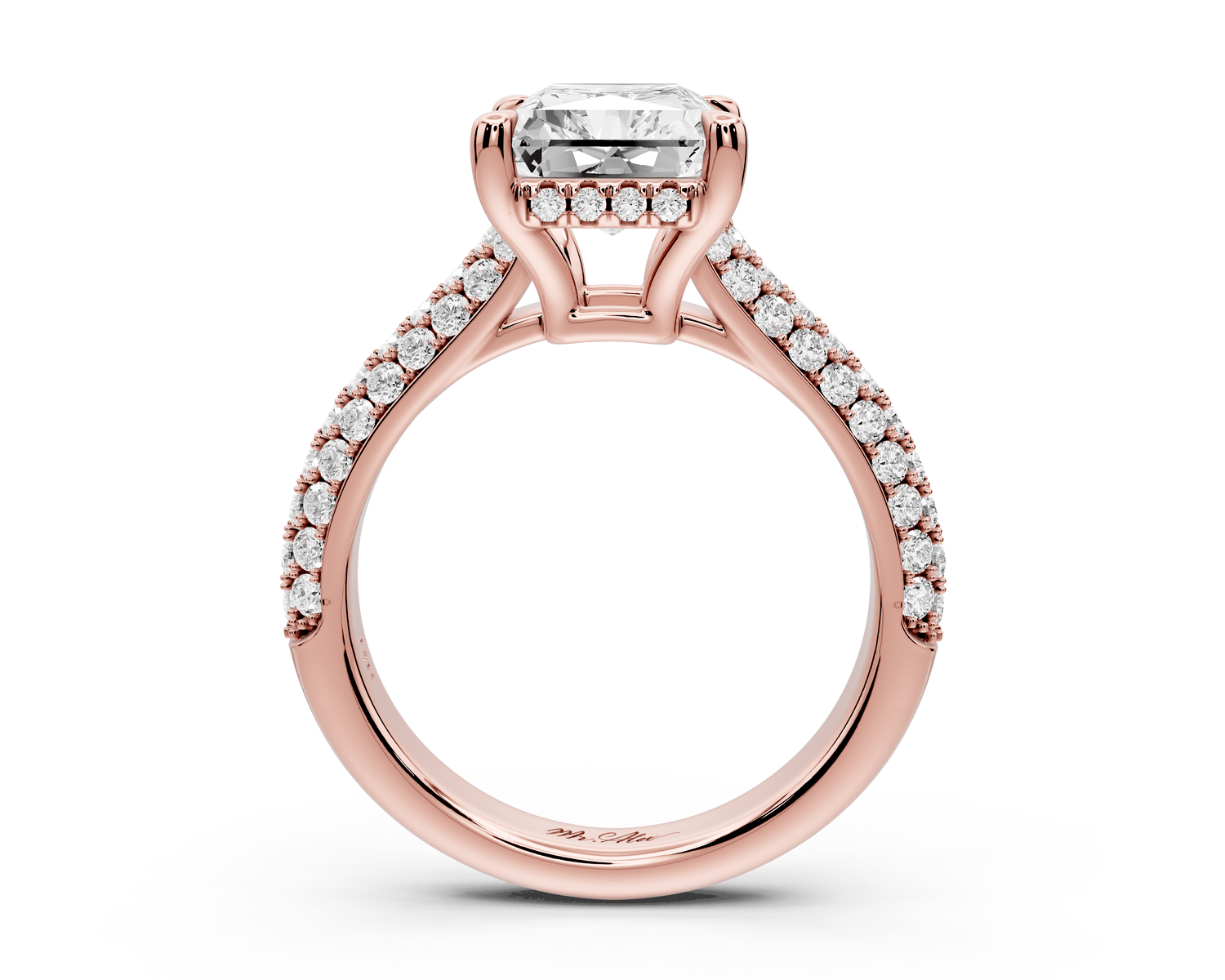Camille - 3ct 14k rose gold radiant Diamond hidden halo rollover pave cathedral engagement ring - Mr. Alex Jewelry