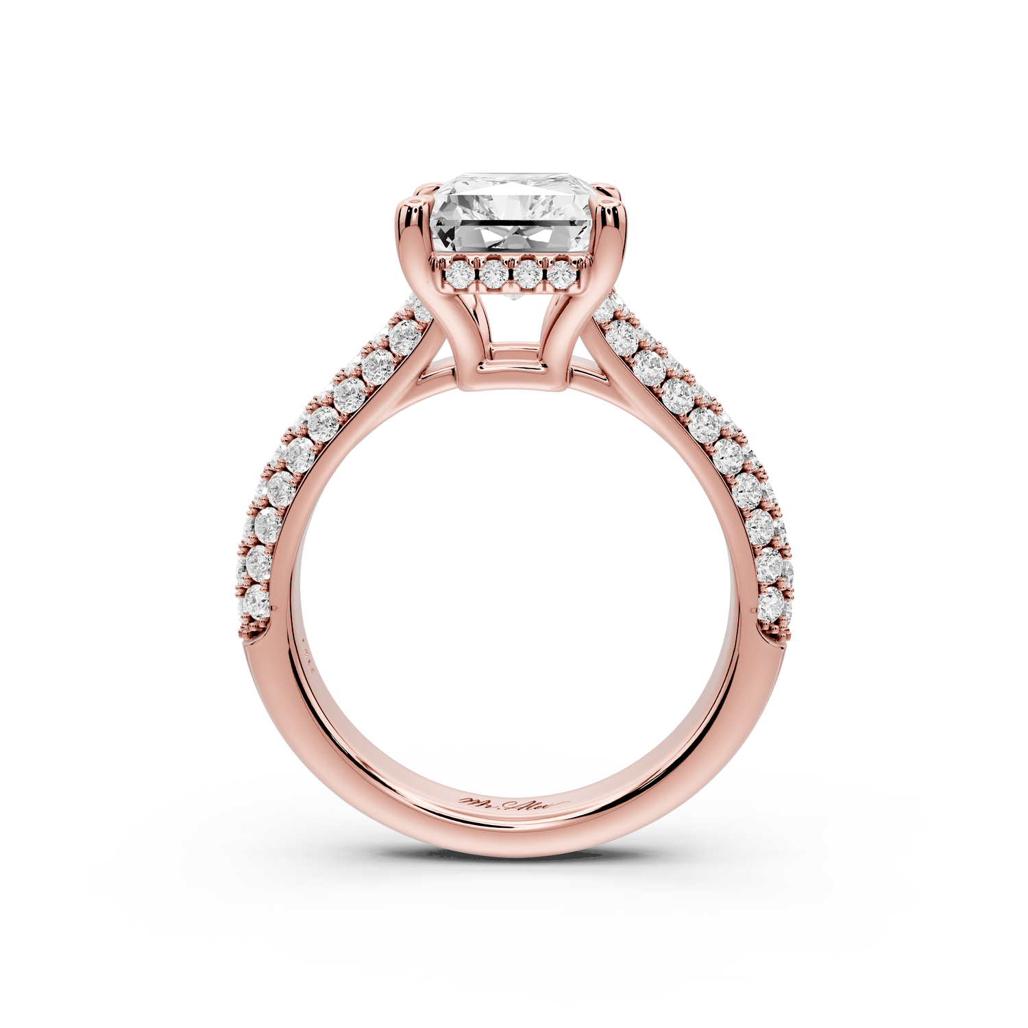 Camille - 3ct 14k rose gold radiant Diamond hidden halo rollover pave cathedral engagement ring - Mr. Alex Jewelry