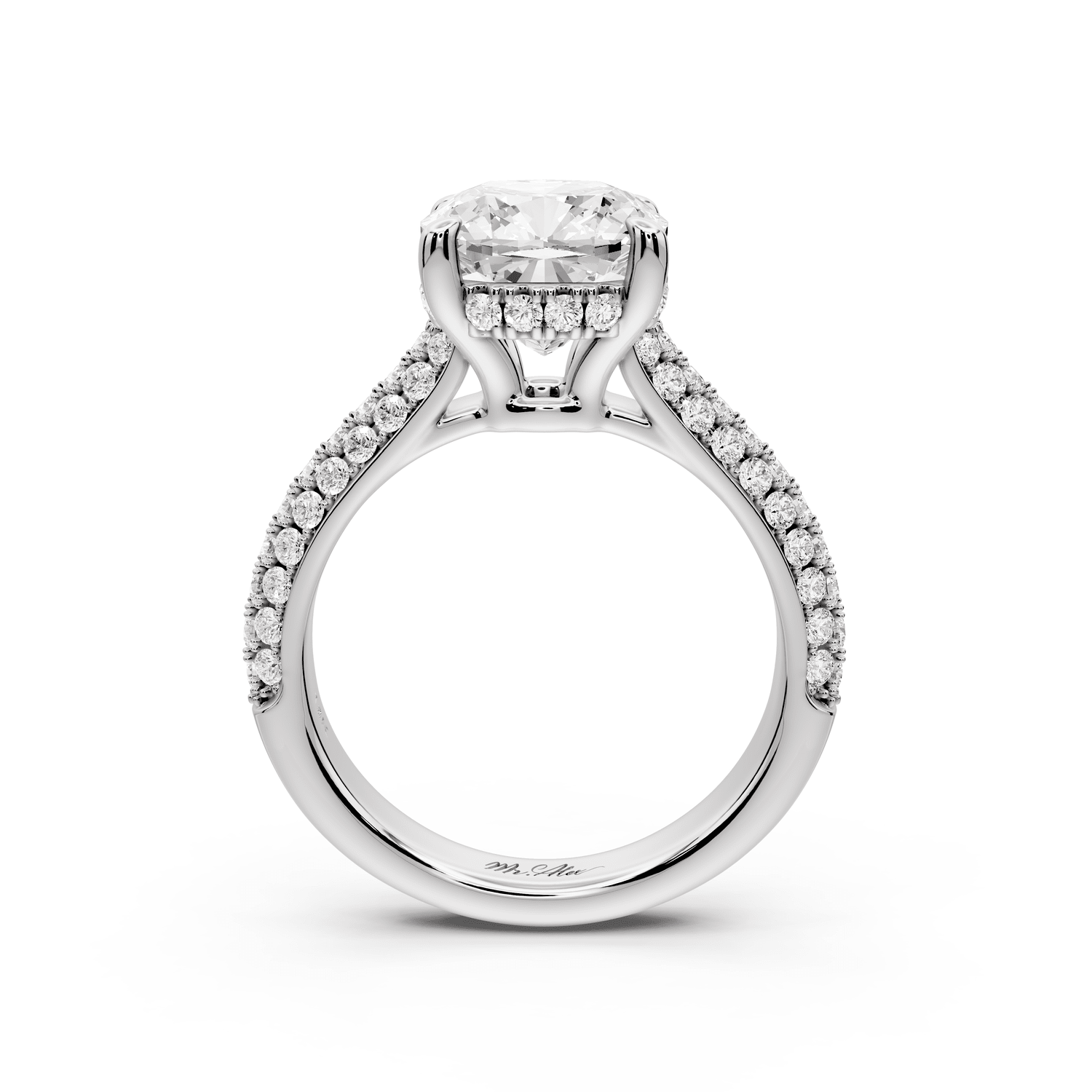 Camille - 3ct 14k white gold cushion Diamond hidden halo rollover pave cathedral engagement ring - Mr. Alex Jewelry
