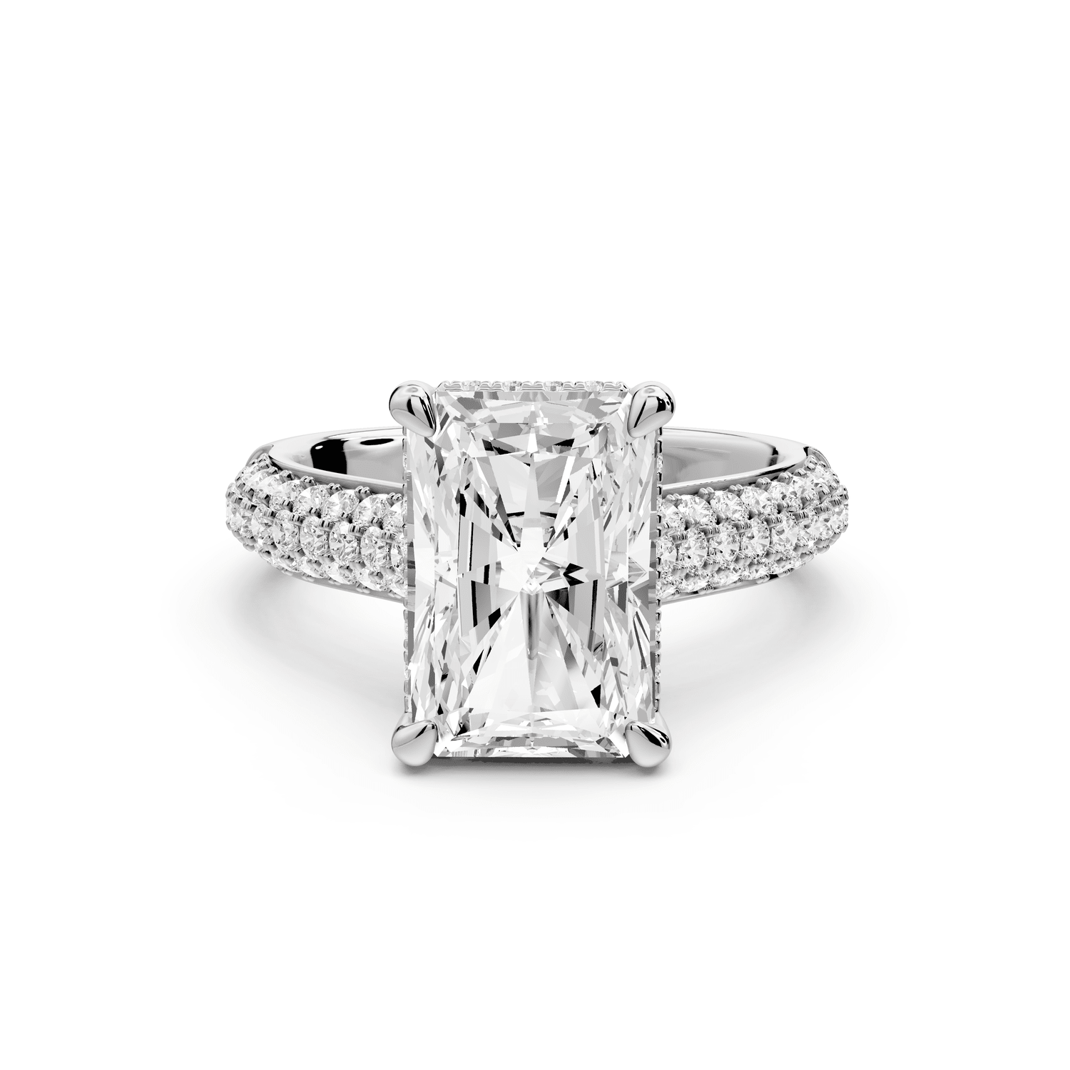 Camille - 3ct 14k white gold radiant Diamond hidden halo rollover pave cathedral engagement ring - Mr. Alex Jewelry