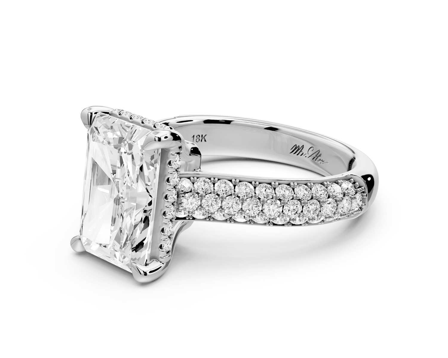 Camille - 3ct 14k white gold radiant Diamond hidden halo rollover pave cathedral engagement ring - Mr. Alex Jewelry