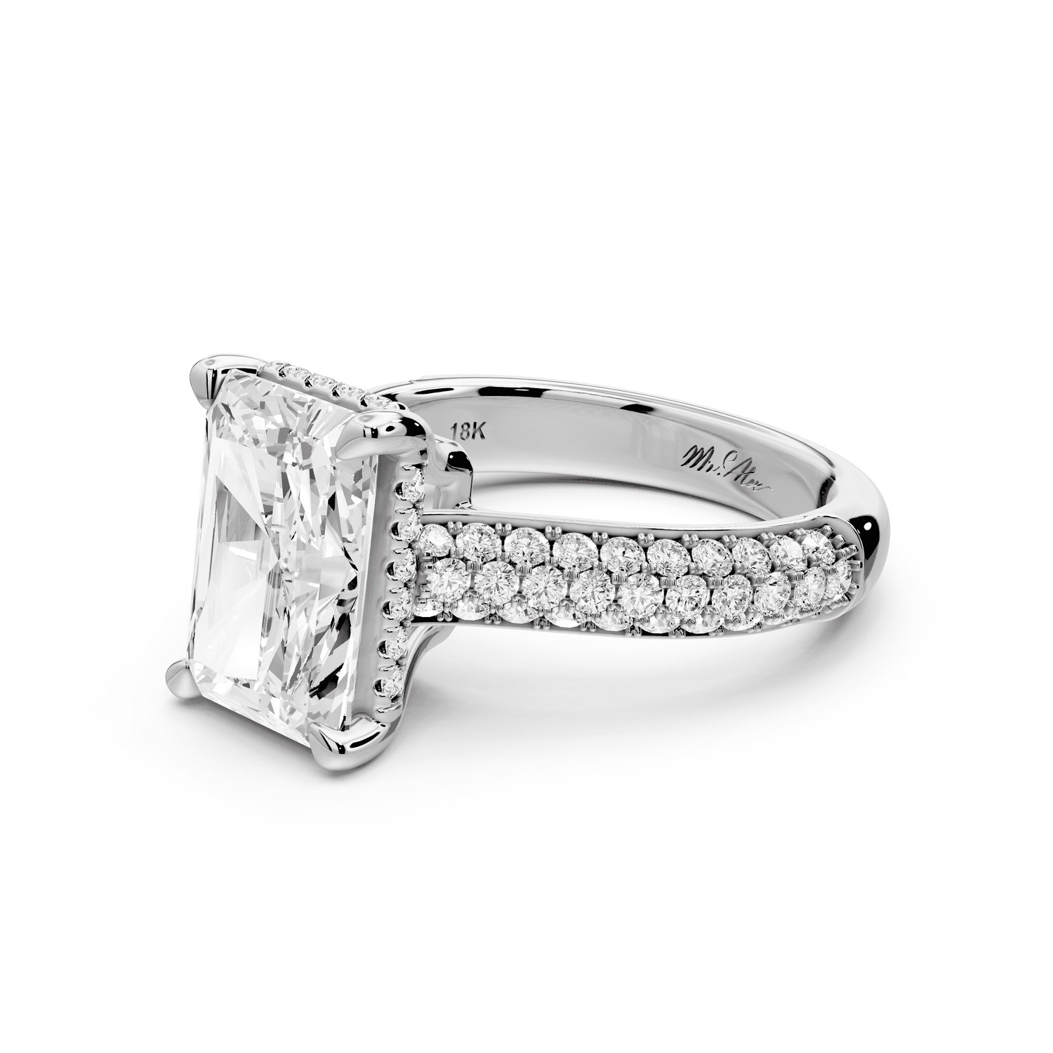 Camille - 3ct 14k white gold radiant Diamond hidden halo rollover pave cathedral engagement ring - Mr. Alex Jewelry
