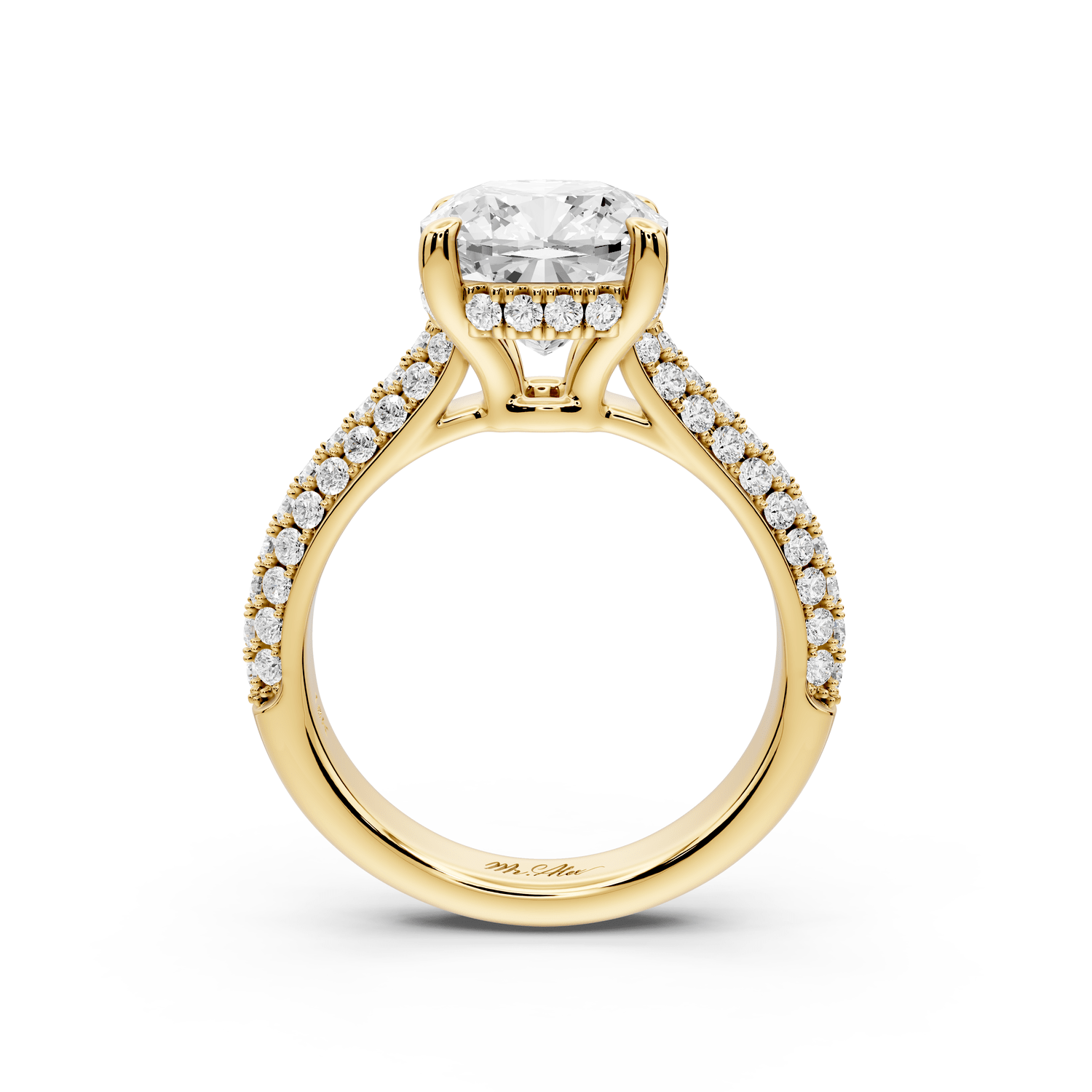 Camille - 3ct 14k yellow gold cushion Diamond hidden halo rollover pave cathedral engagement ring - Mr. Alex Jewelry