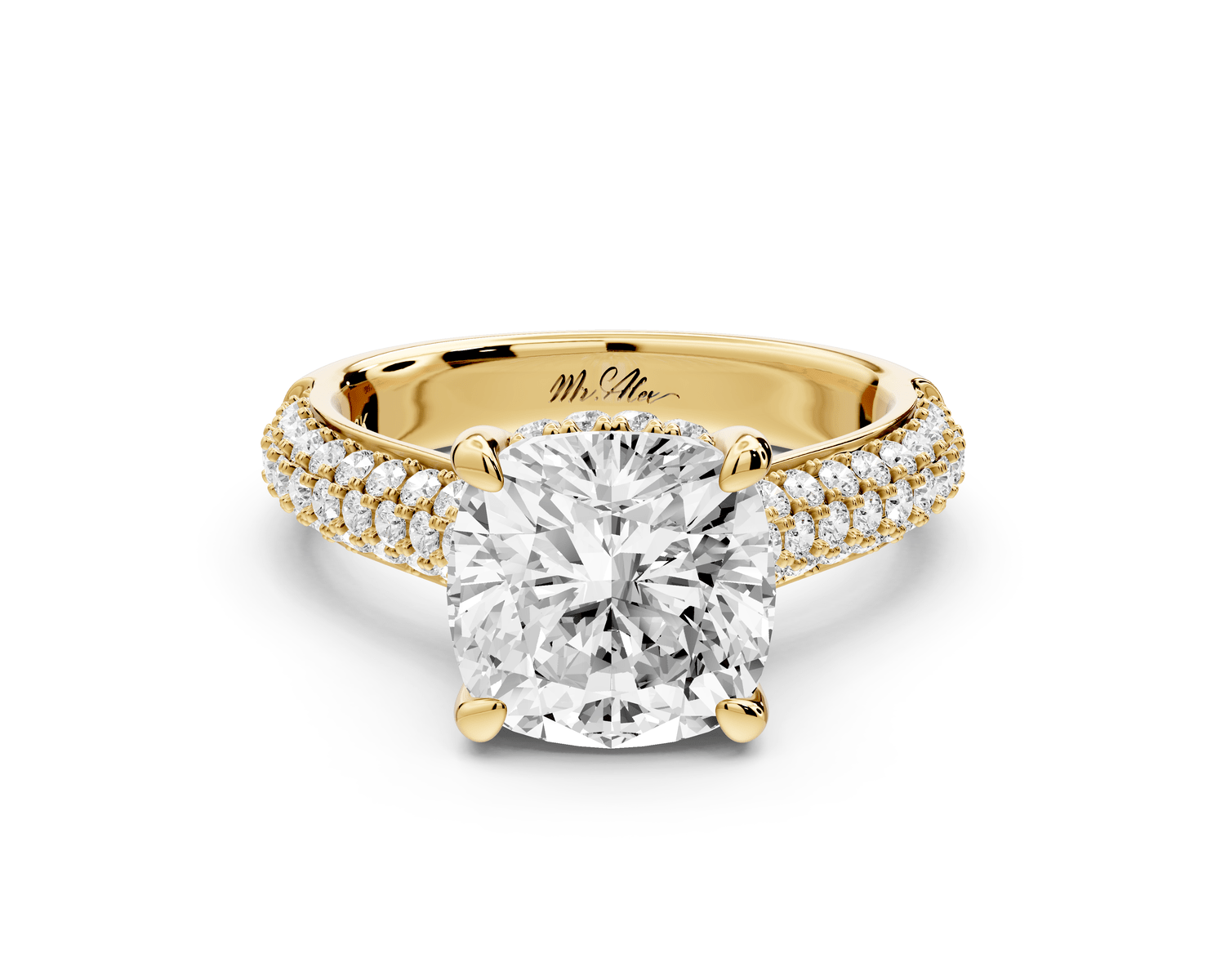 Camille - 3ct 14k yellow gold cushion Diamond hidden halo rollover pave cathedral engagement ring - Mr. Alex Jewelry