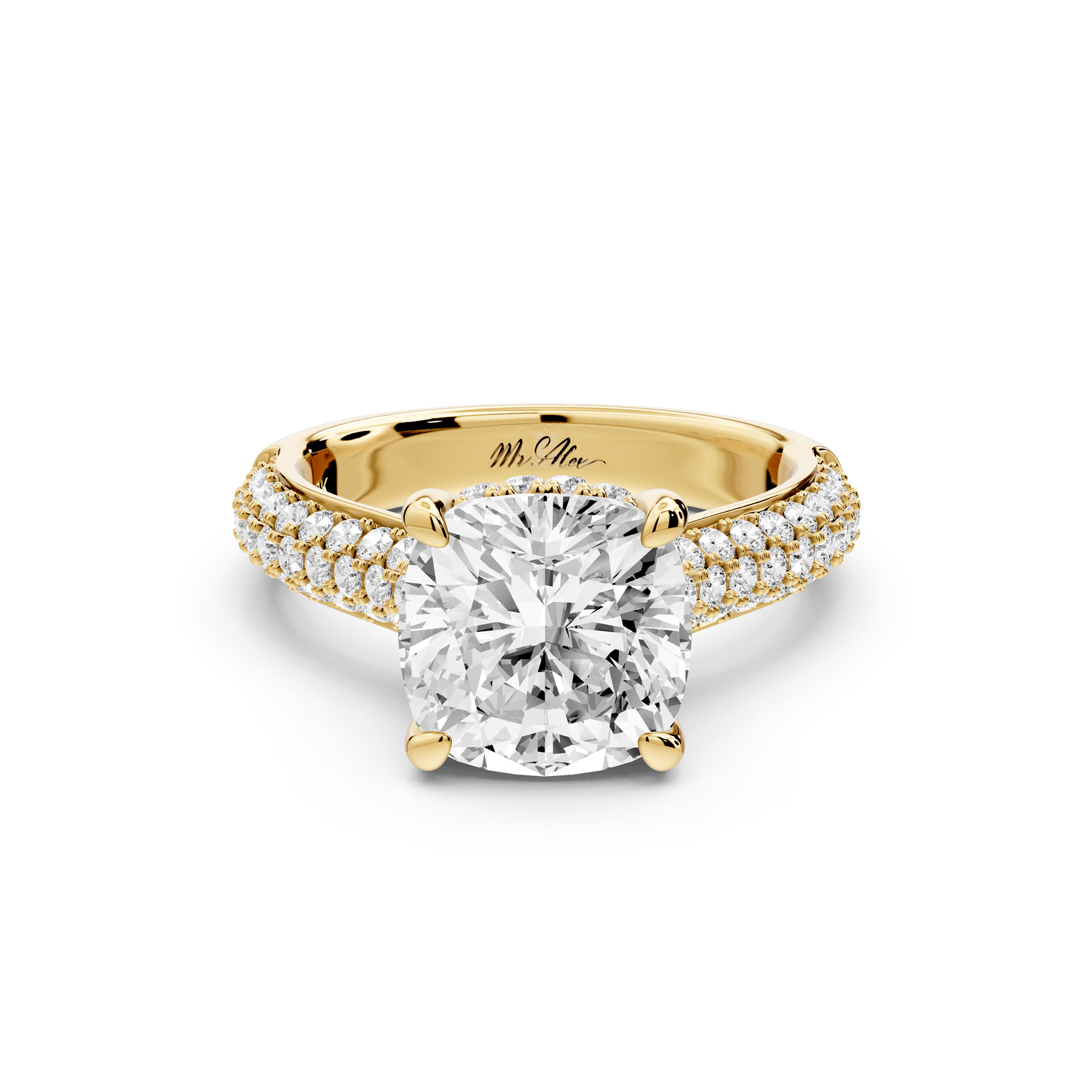 Camille - 3ct 14k yellow gold cushion Diamond hidden halo rollover pave cathedral engagement ring - Mr. Alex Jewelry