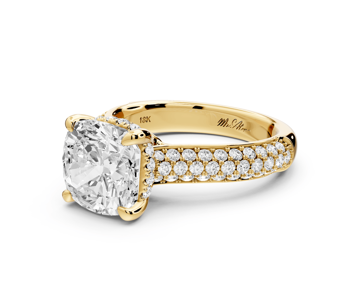 Camille - 3ct 14k yellow gold cushion Diamond hidden halo rollover pave cathedral engagement ring - Mr. Alex Jewelry