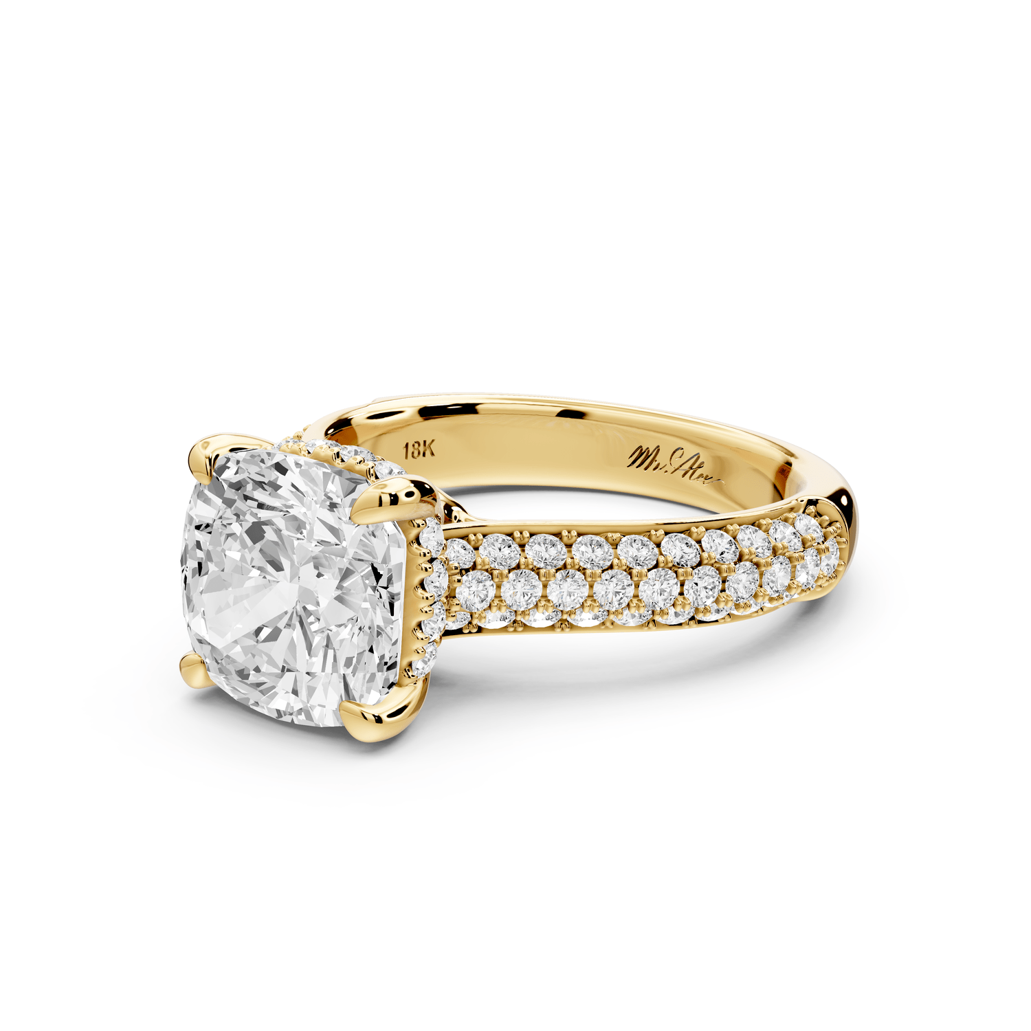 Camille - 3ct 14k yellow gold cushion Diamond hidden halo rollover pave cathedral engagement ring - Mr. Alex Jewelry