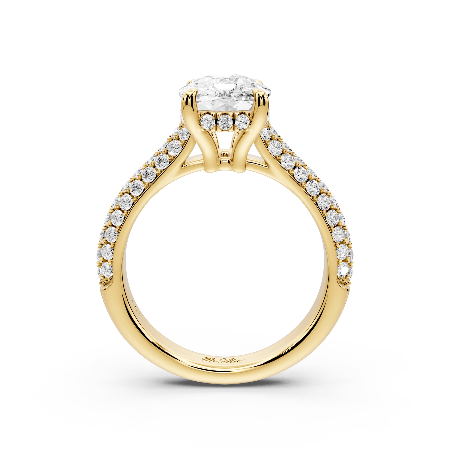 Camille - 3ct 14k yellow gold ecushion Diamond hidden halo rollover pave cathedral engagement ring - Mr. Alex Jewelry