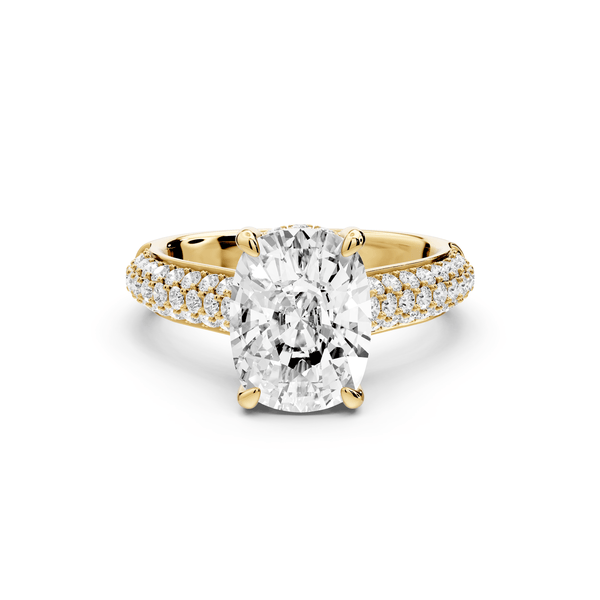 Camille - 3ct 14k yellow gold ecushion Diamond hidden halo rollover pave cathedral engagement ring - Mr. Alex Jewelry