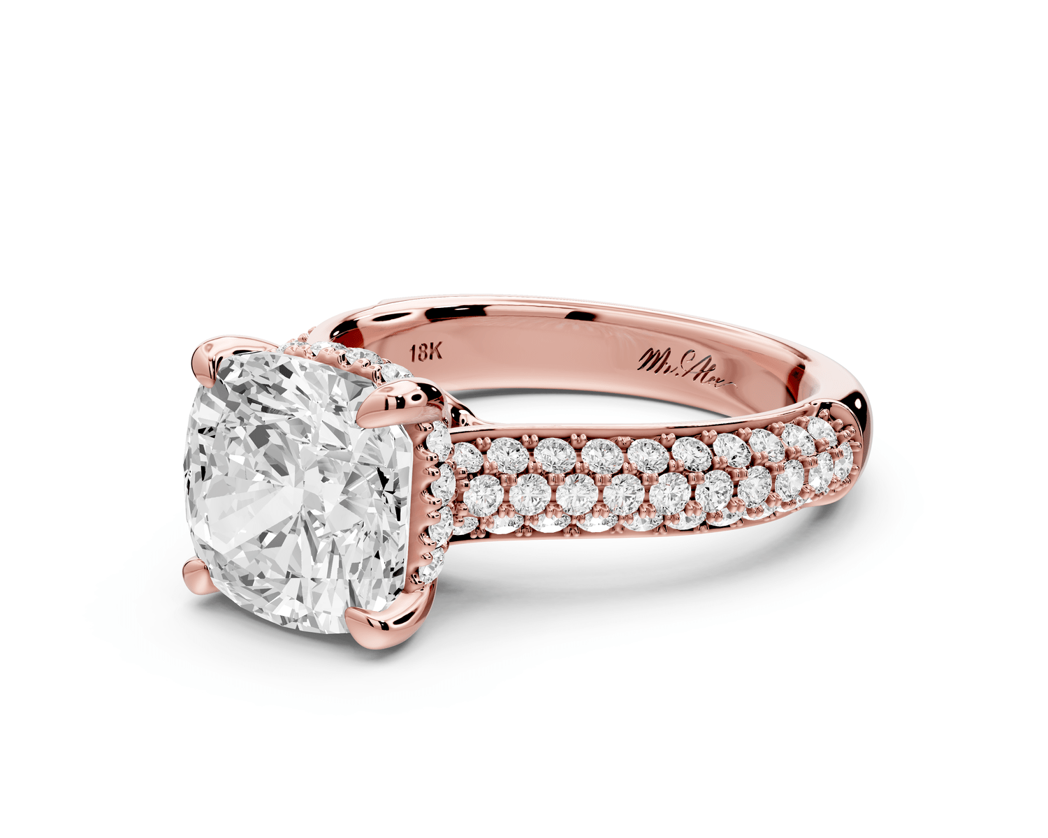 Camille - 3ct 18k rose gold cushion Diamond hidden halo rollover pave cathedral engagement ring - Mr. Alex Jewelry