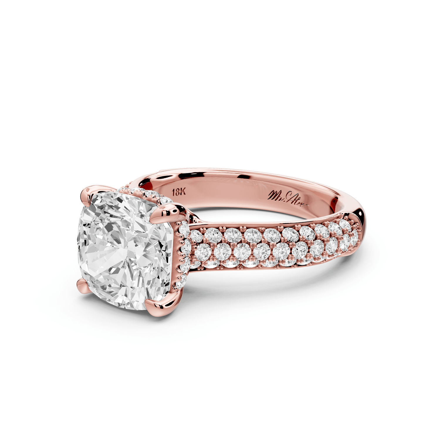 Camille - 3ct 18k rose gold cushion Diamond hidden halo rollover pave cathedral engagement ring - Mr. Alex Jewelry