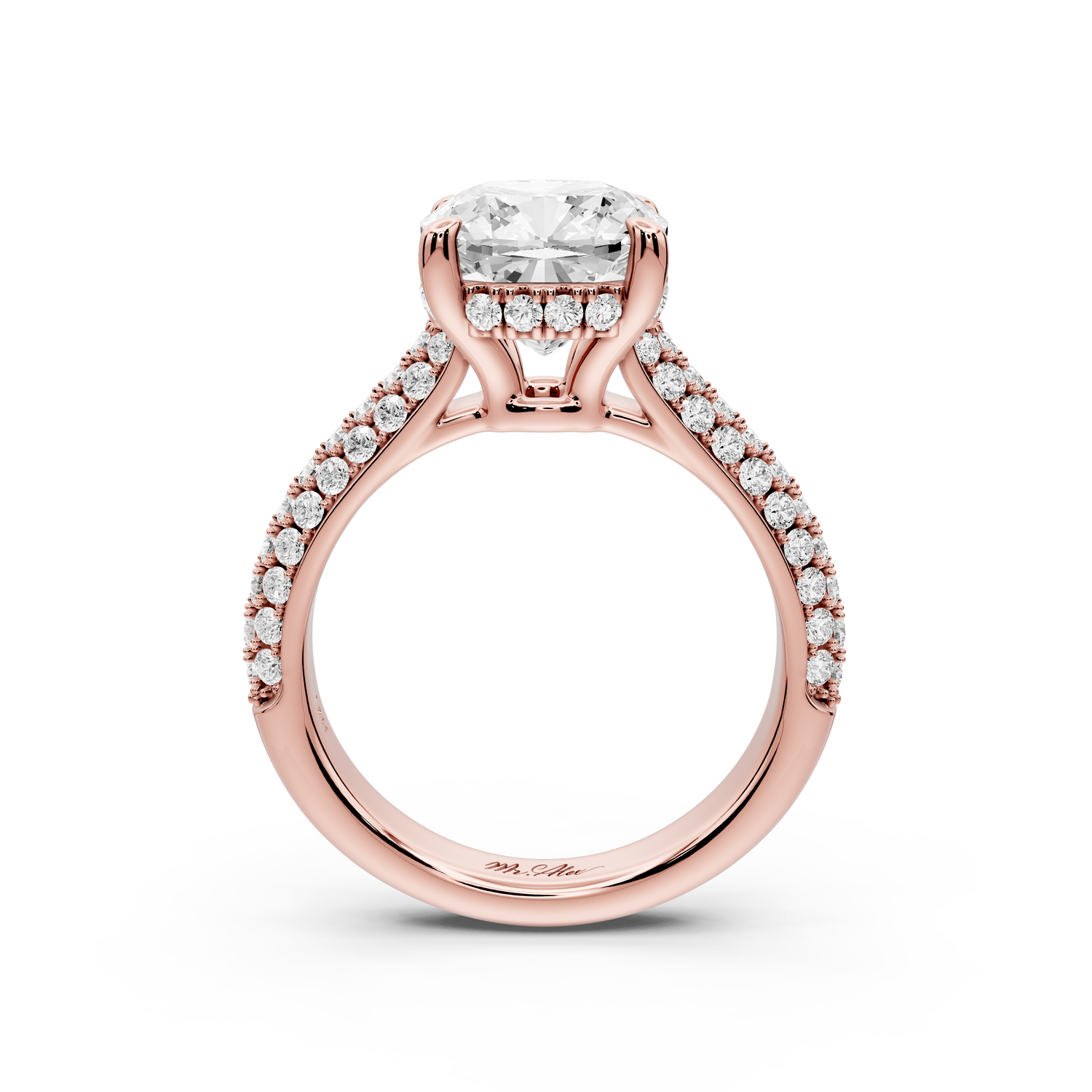 Camille - 3ct 18k rose gold cushion Diamond hidden halo rollover pave cathedral engagement ring - Mr. Alex Jewelry