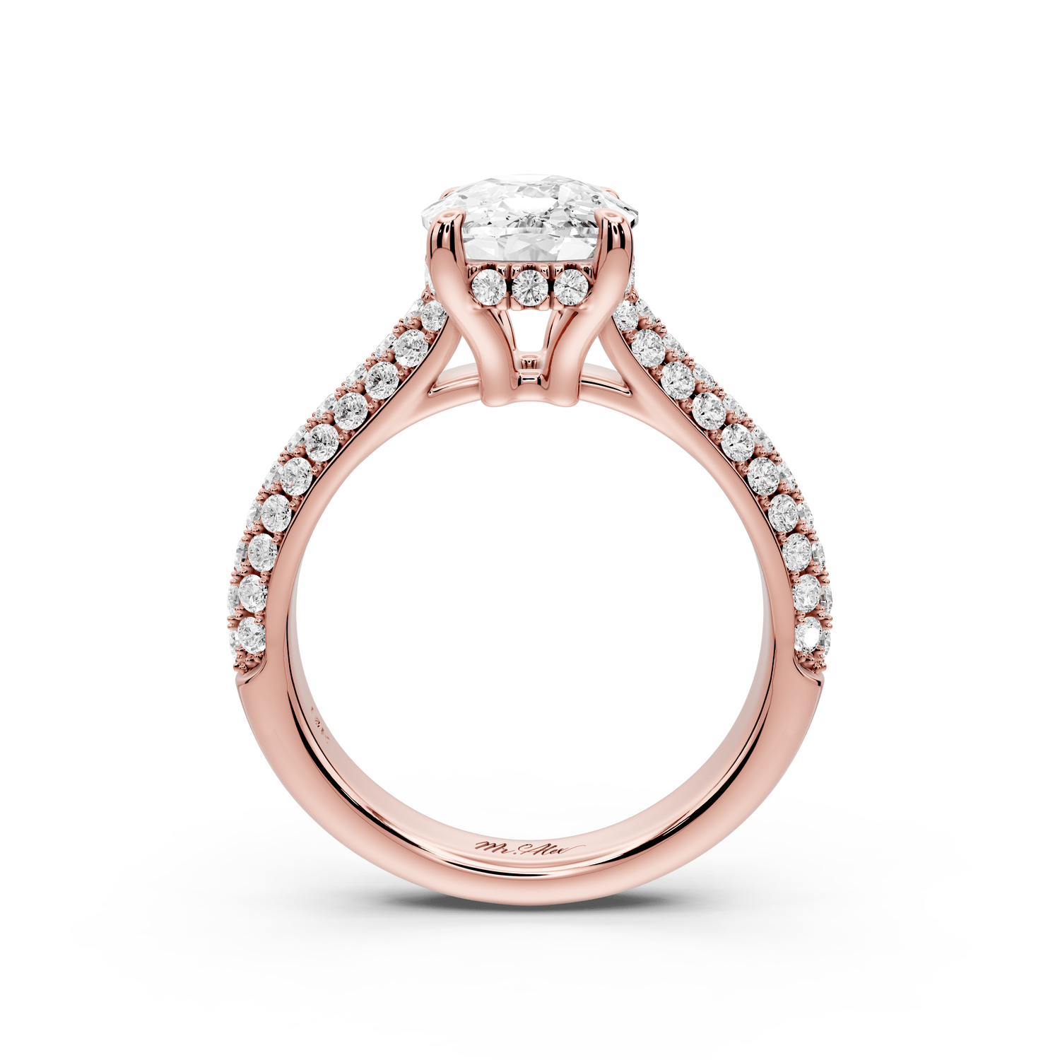 Camille - 3ct 18k rose gold ecushion Diamond hidden halo rollover pave cathedral engagement ring - Mr. Alex Jewelry