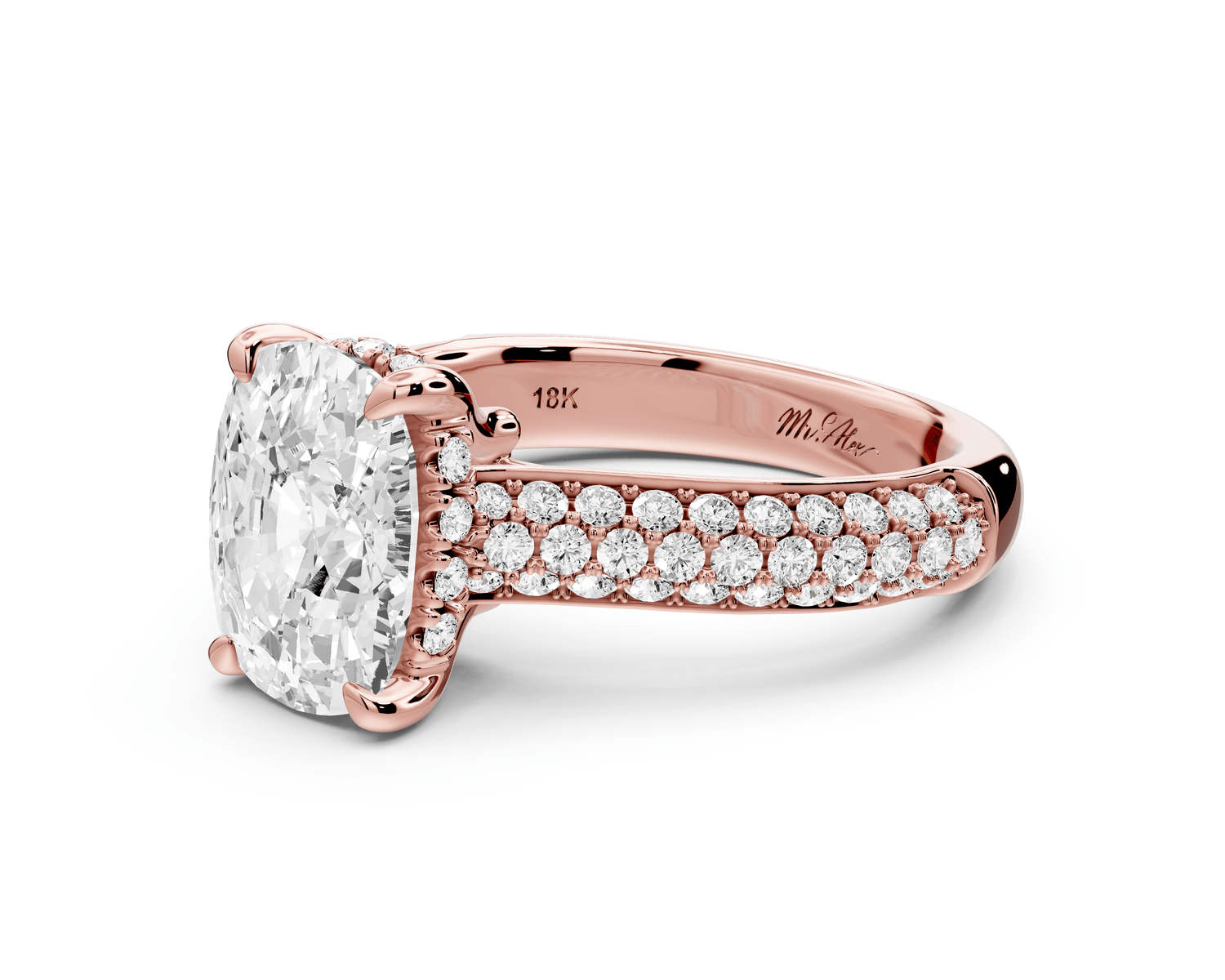 Camille - 3ct 18k rose gold ecushion Diamond hidden halo rollover pave cathedral engagement ring - Mr. Alex Jewelry