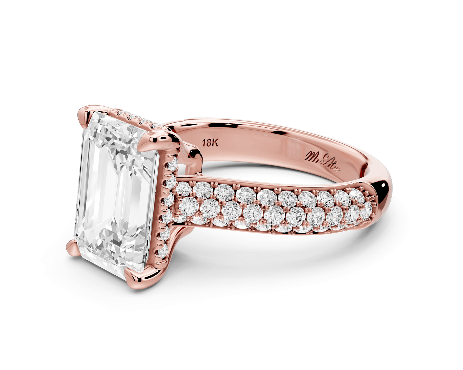 Camille - 3ct 18k rose gold emerald Diamond hidden halo rollover pave cathedral Engagement ring - Mr. Alex Jewelry