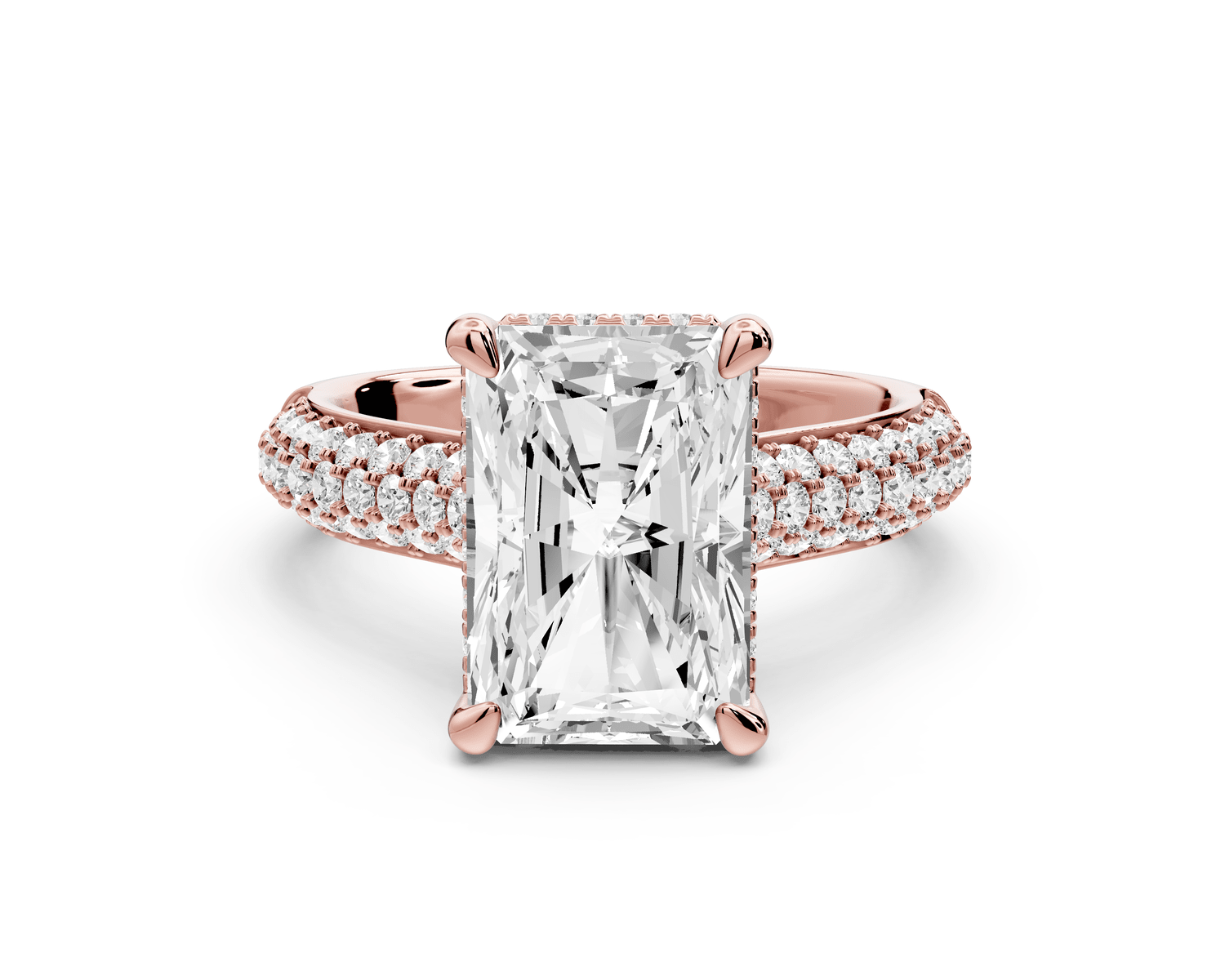 Camille - 3ct 18k rose gold radiant Diamond hidden halo rollover pave cathedral engagement ring - Mr. Alex Jewelry