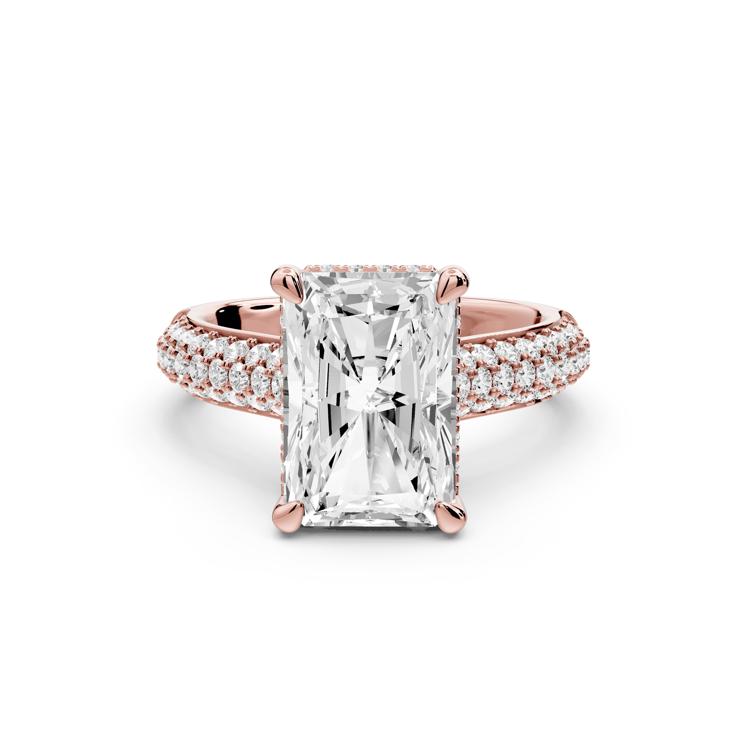 Camille - 3ct 18k rose gold radiant Diamond hidden halo rollover pave cathedral engagement ring - Mr. Alex Jewelry