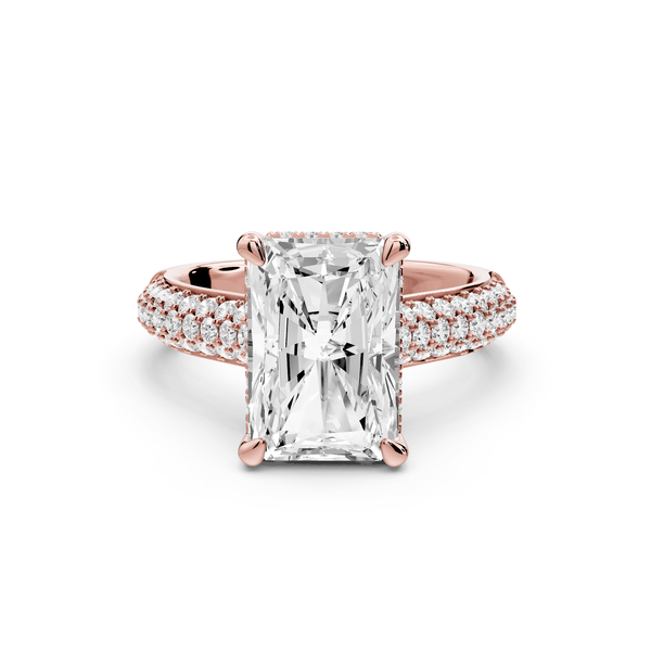 Camille - 3ct 18k rose gold radiant Diamond hidden halo rollover pave cathedral engagement ring - Mr. Alex Jewelry