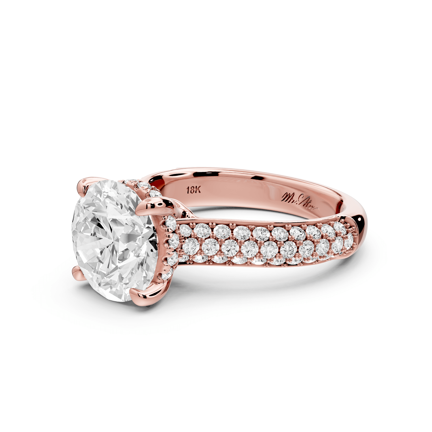 Camille - 3ct 18k rose gold round Diamond hidden halo rollover pave cathedral engagment ring - Mr. Alex Jewelry