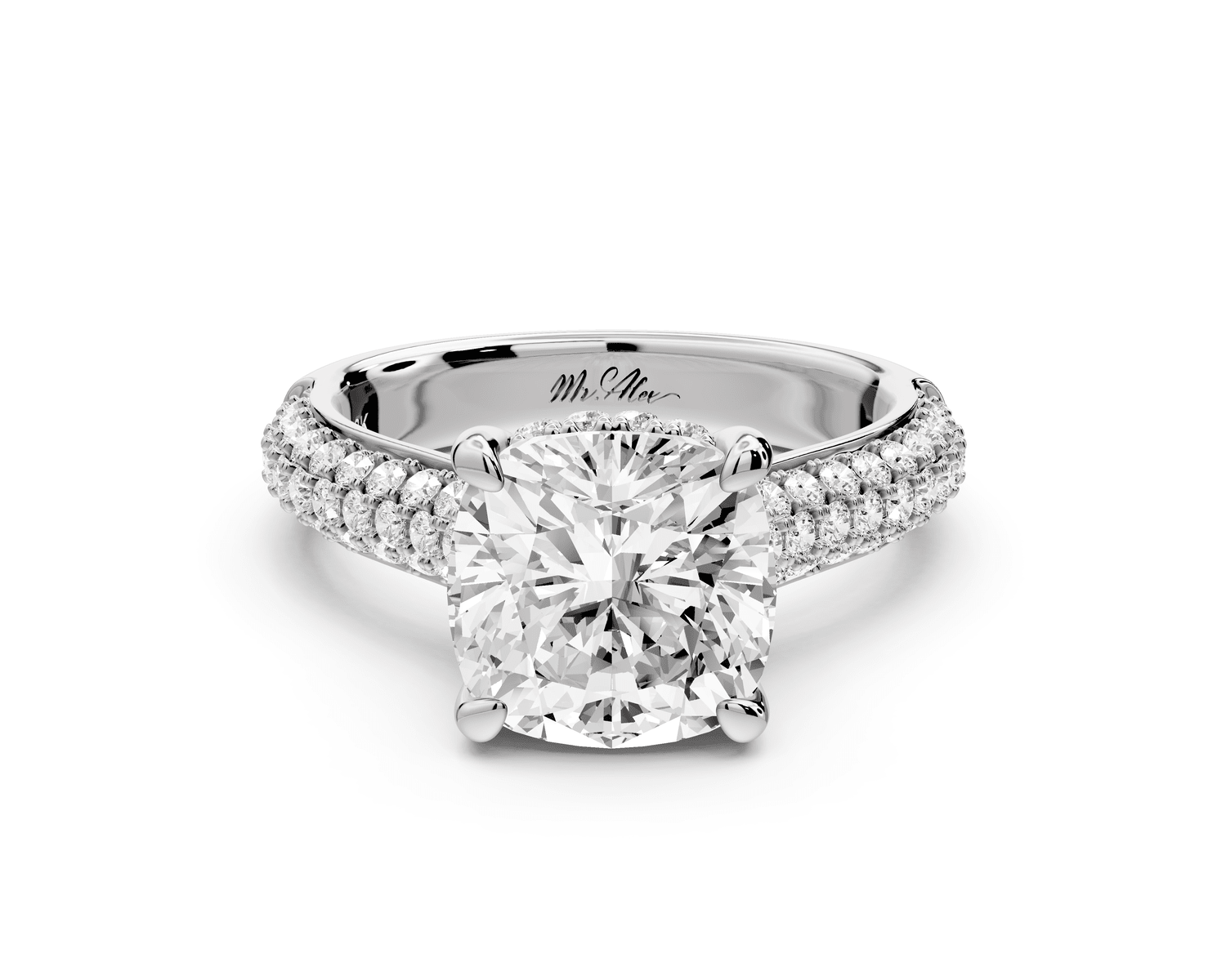 Camille - 3ct 18k white gold cushion Diamond hidden halo rollover pave cathedral engagement ring - Mr. Alex Jewelry
