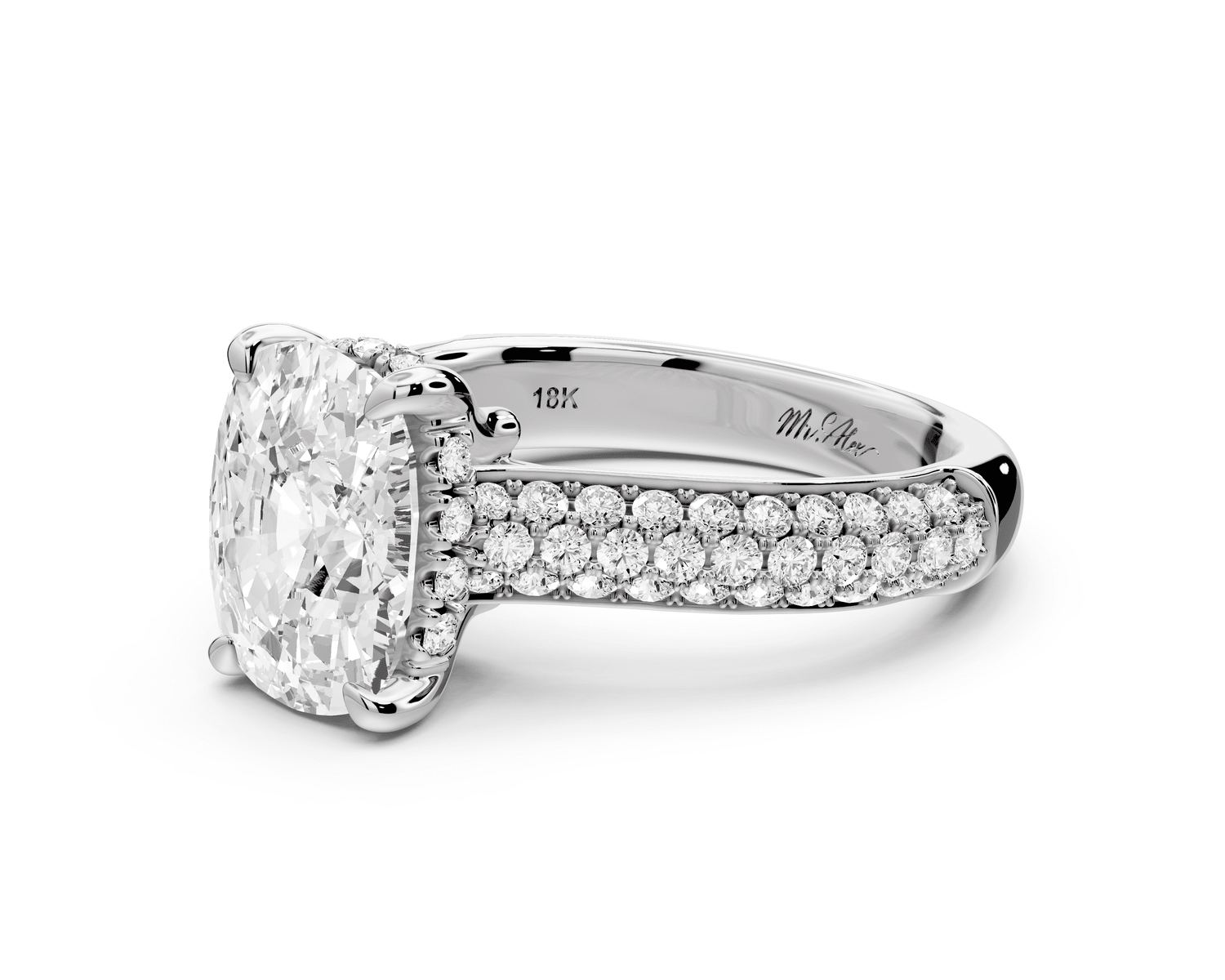 Camille - 3ct 18k white gold ecushion Diamond hidden halo rollover pave cathedral engagement ring - Mr. Alex Jewelry