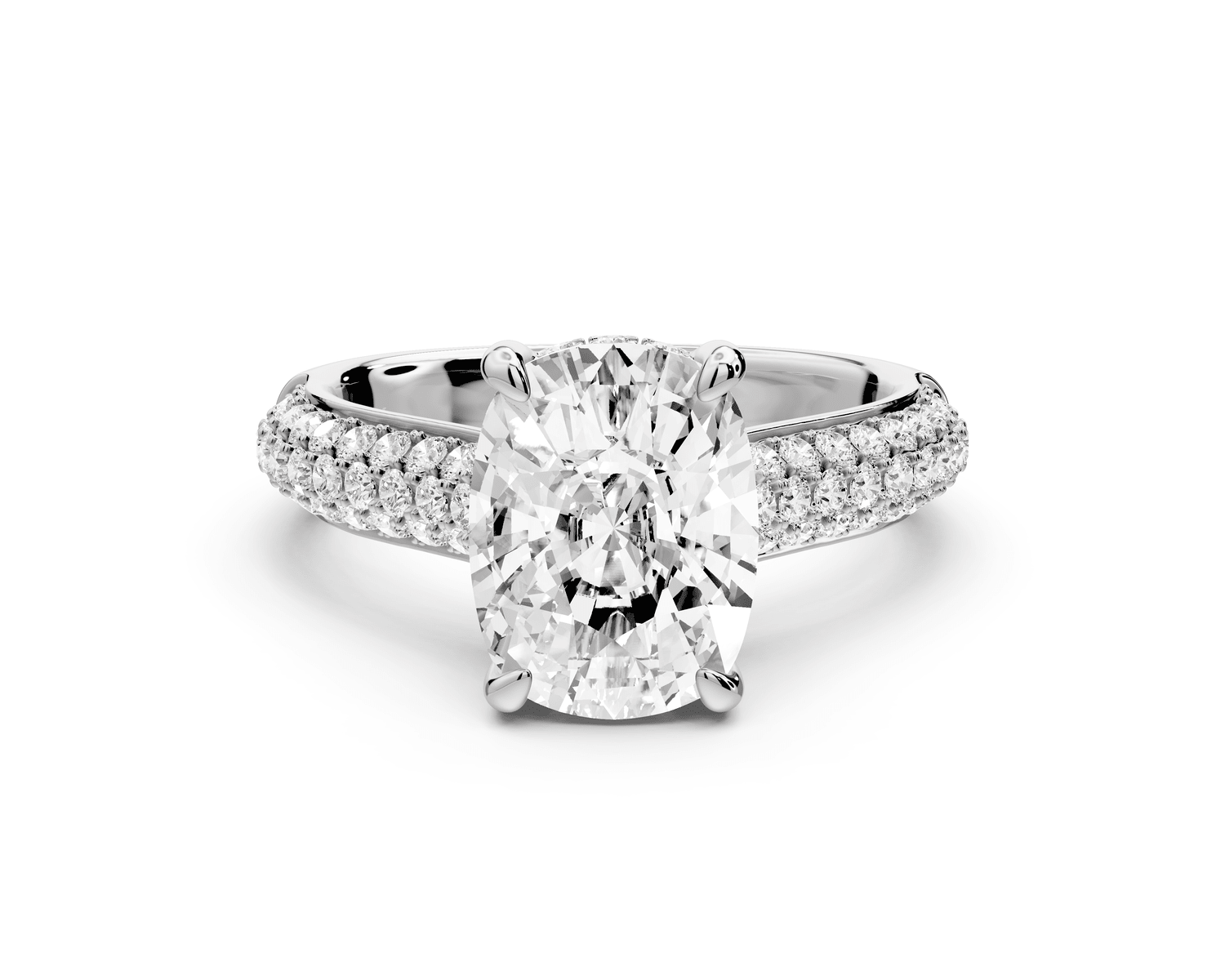 Camille - 3ct 18k white gold ecushion Diamond hidden halo rollover pave cathedral engagement ring - Mr. Alex Jewelry