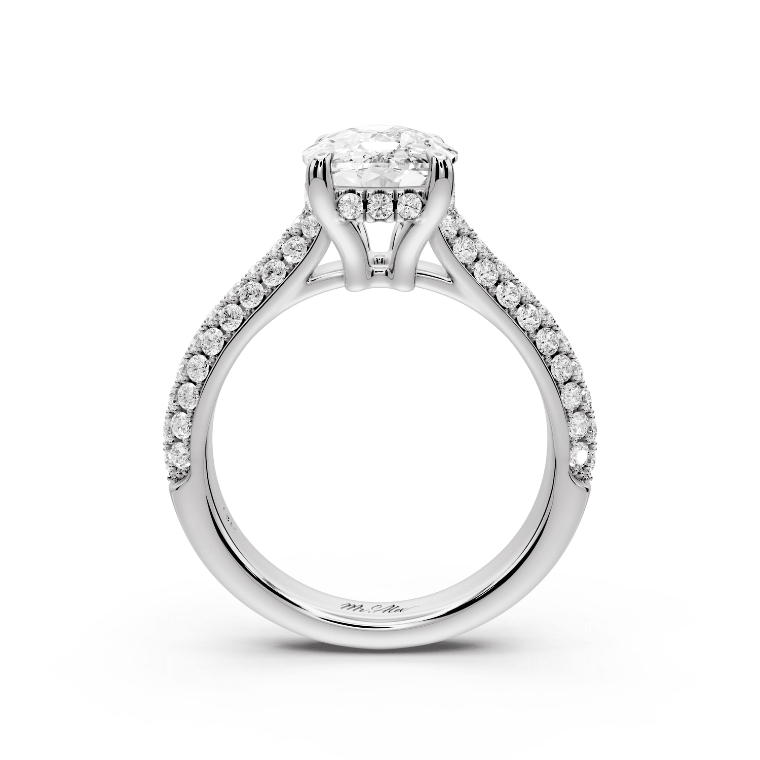 Camille - 3ct 18k white gold ecushion Diamond hidden halo rollover pave cathedral engagement ring - Mr. Alex Jewelry