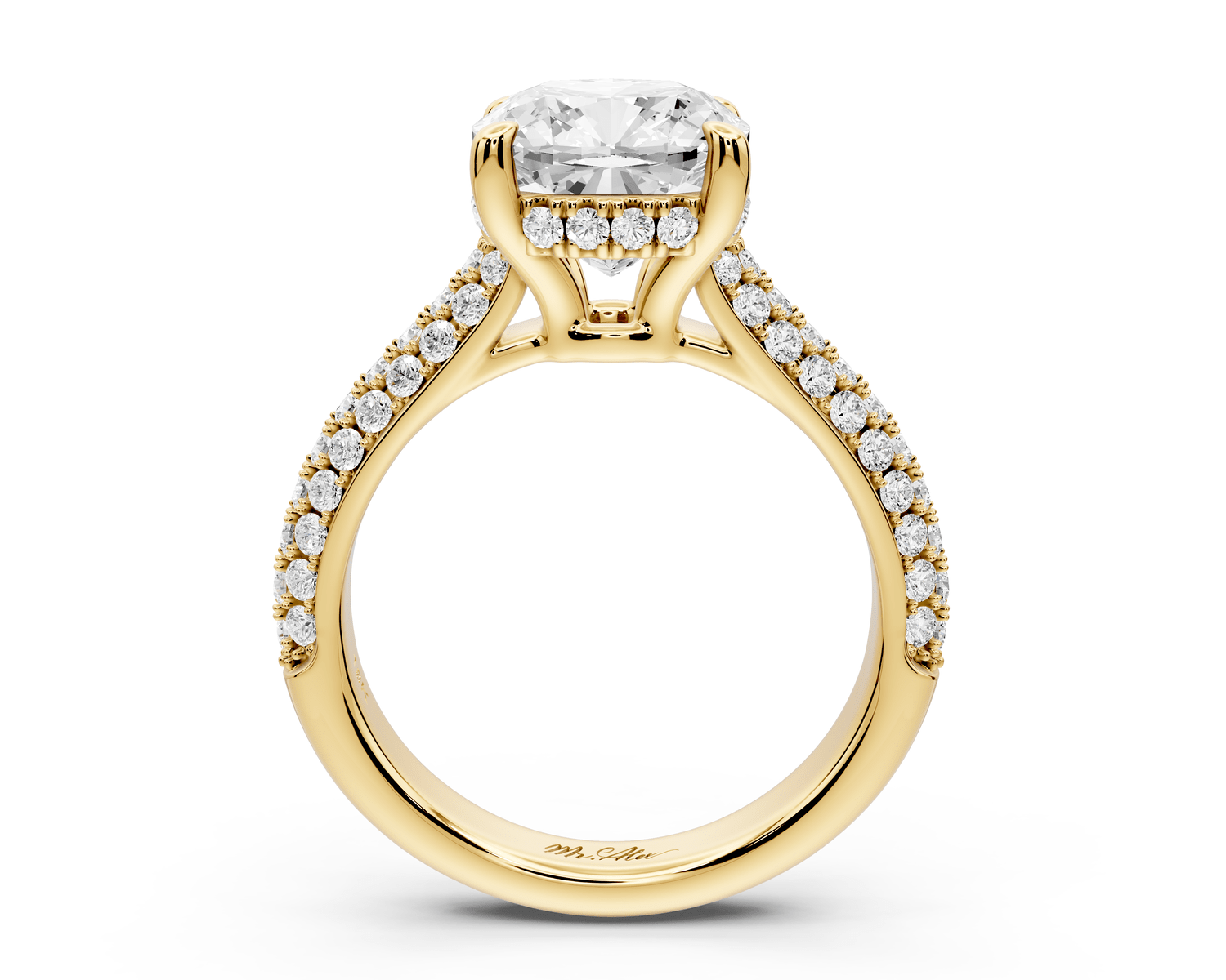 Camille - 3ct 18k yellow gold cushion Diamond hidden halo rollover pave cathedral engagement ring - Mr. Alex Jewelry