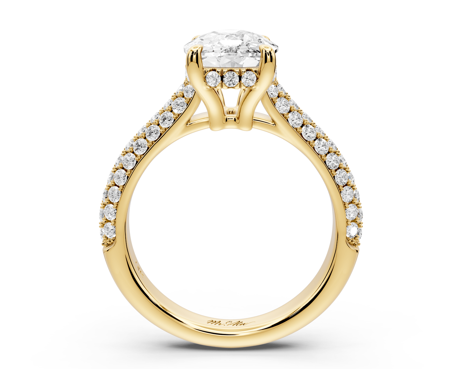 Camille - 3ct 18k yellow gold ecushion Diamond hidden halo rollover pave cathedral engagement ring - Mr. Alex Jewelry