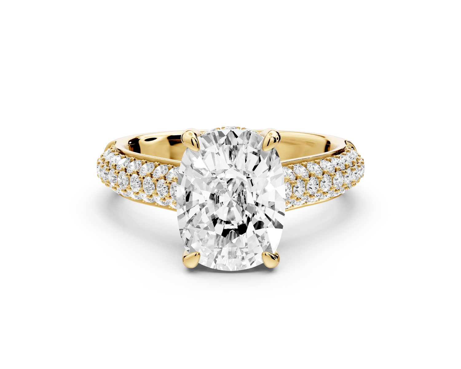 Camille - 3ct 18k yellow gold ecushion Diamond hidden halo rollover pave cathedral engagement ring - Mr. Alex Jewelry