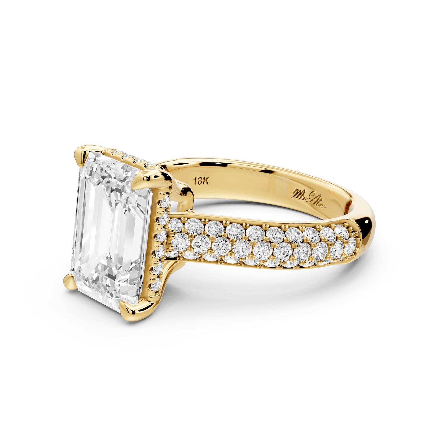 Camille - 3ct 18k yellow gold emerald Diamond hidden halo rollover pave cathedral Engagement ring - Mr. Alex Jewelry