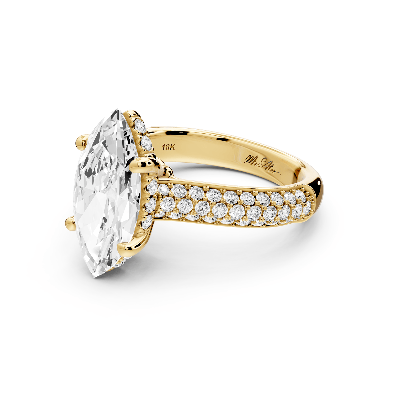 Camille - 3ct 18k yellow gold marquise Diamond hidden halo rollover pave cathedral engagement ring - Mr. Alex Jewelry