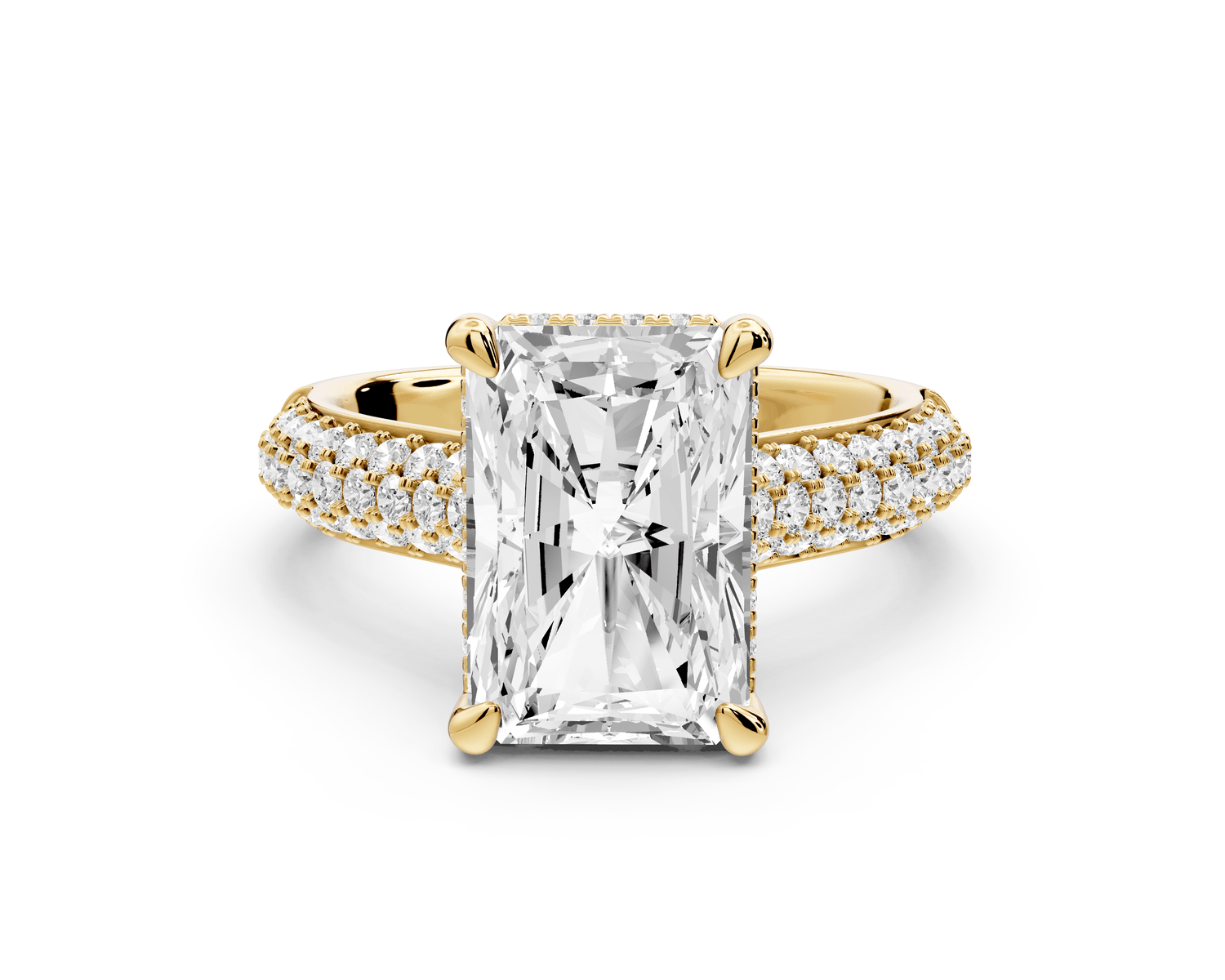 Camille - 3ct 18k yellow gold radiant Diamond hidden halo rollover pave cathedral engagement ring - Mr. Alex Jewelry