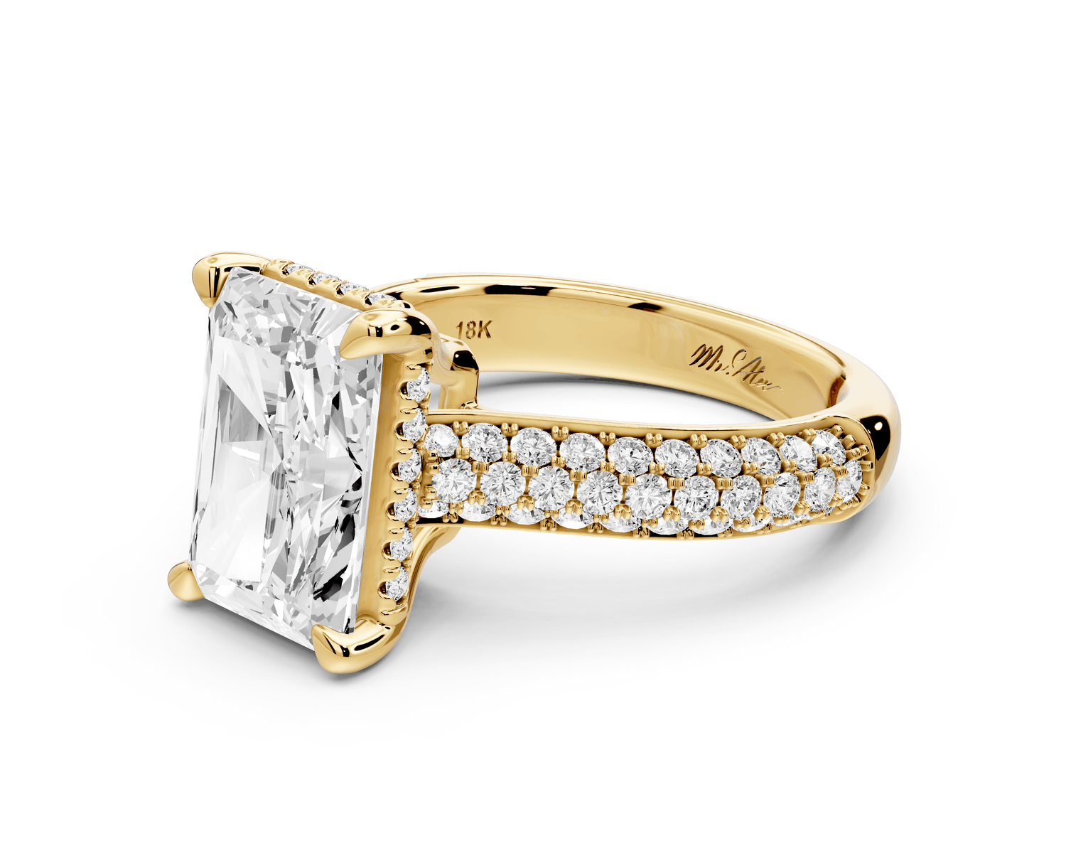 Camille - 3ct 18k yellow gold radiant Diamond hidden halo rollover pave cathedral engagement ring - Mr. Alex Jewelry