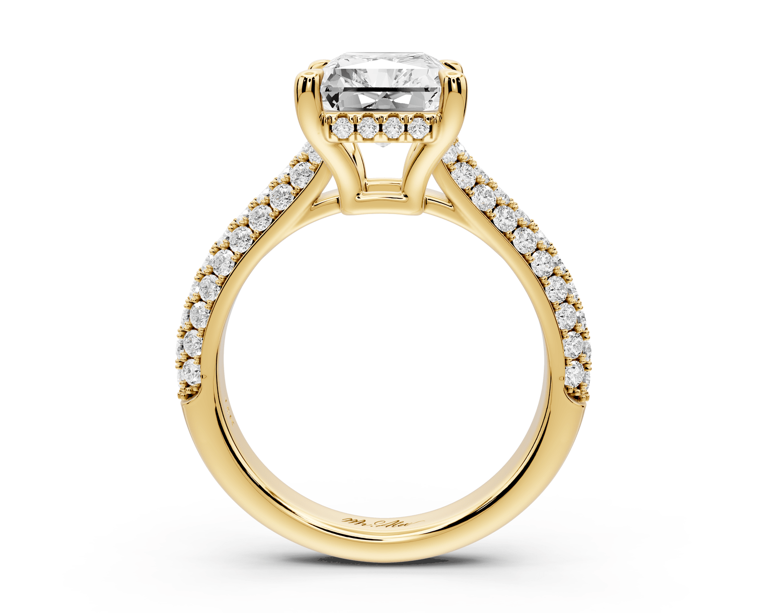 Camille - 3ct 18k yellow gold radiant Diamond hidden halo rollover pave cathedral engagement ring - Mr. Alex Jewelry