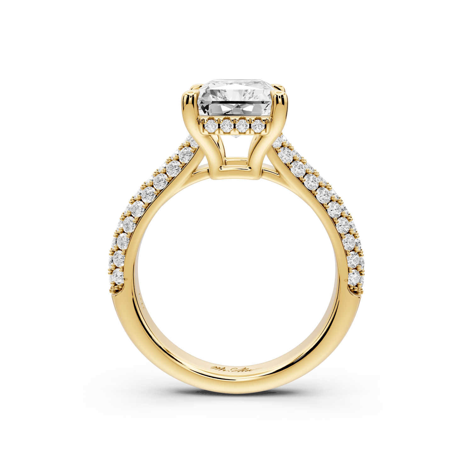 Camille - 3ct 18k yellow gold radiant Diamond hidden halo rollover pave cathedral engagement ring - Mr. Alex Jewelry