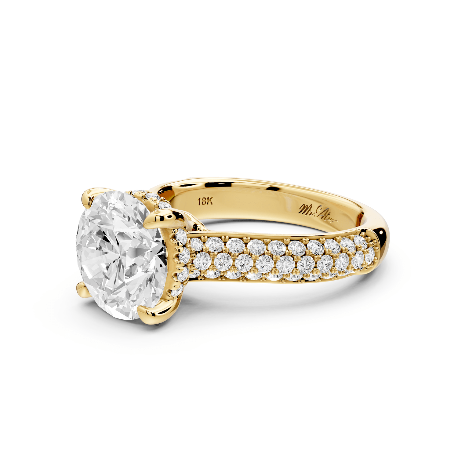 Camille - 3ct 18k yellow gold round Diamond hidden halo rollover pave cathedral engagment ring - Mr. Alex Jewelry