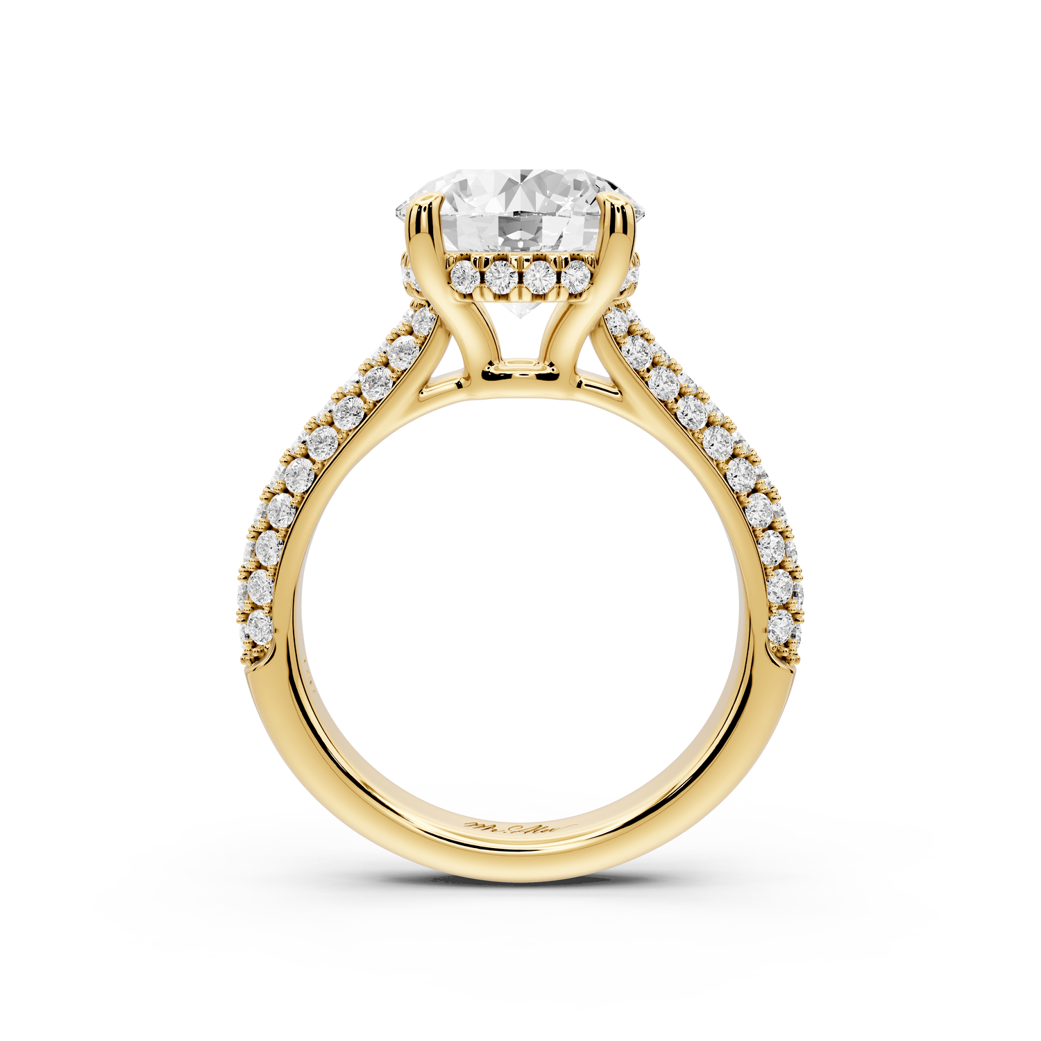 Camille - 3ct 18k yellow gold round Diamond hidden halo rollover pave cathedral engagment ring - Mr. Alex Jewelry