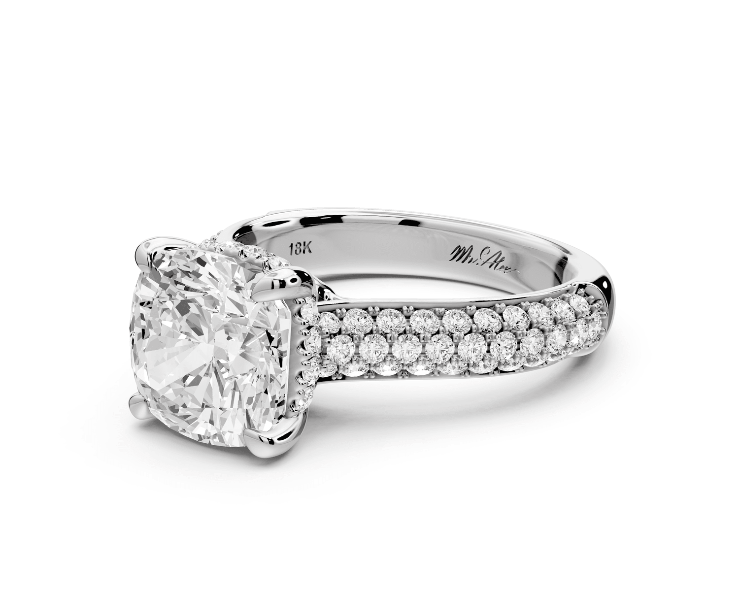 Camille - 3ct platinum cushion Diamond hidden halo rollover pave cathedral engagement ring - Mr. Alex Jewelry