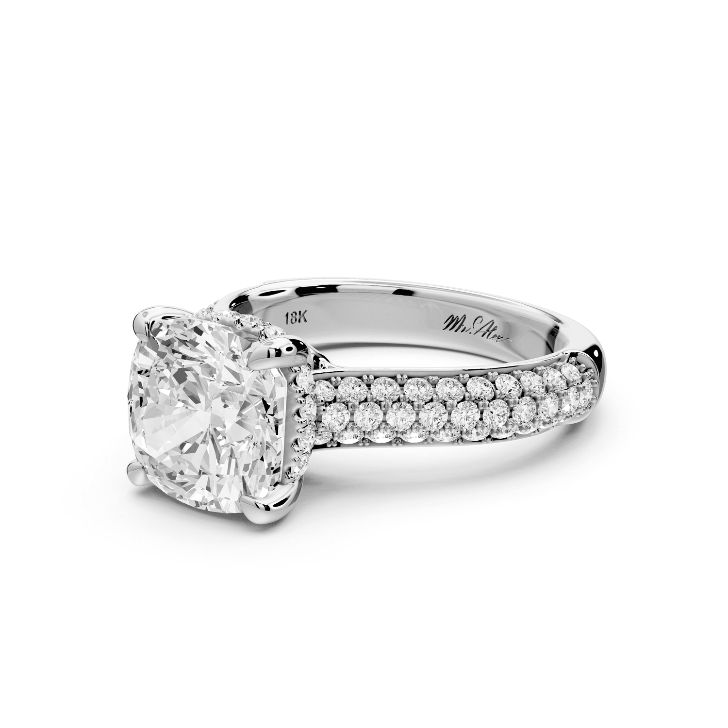 Camille - 3ct platinum cushion Diamond hidden halo rollover pave cathedral engagement ring - Mr. Alex Jewelry