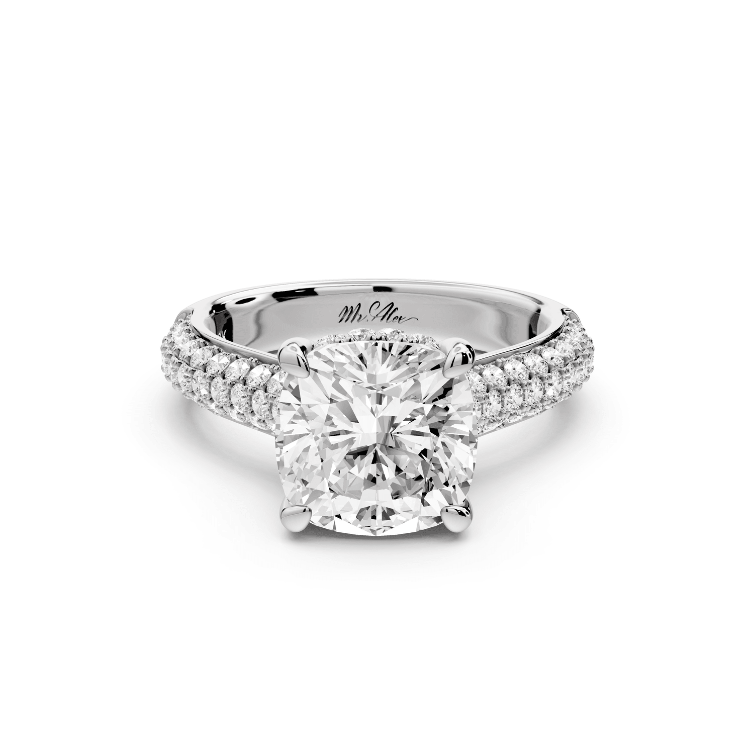 Camille - 3ct platinum cushion Diamond hidden halo rollover pave cathedral engagement ring - Mr. Alex Jewelry