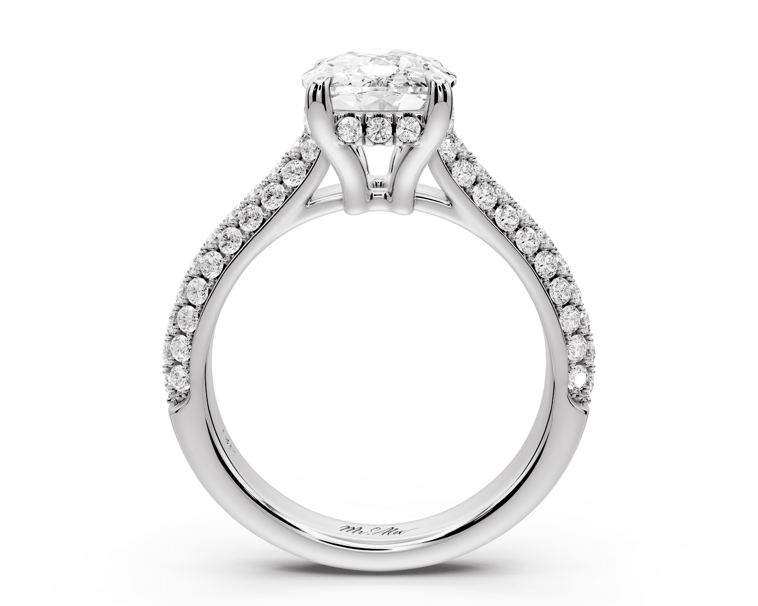 Camille - 3ct platinum ecushion Diamond hidden halo rollover pave cathedral engagement ring - Mr. Alex Jewelry