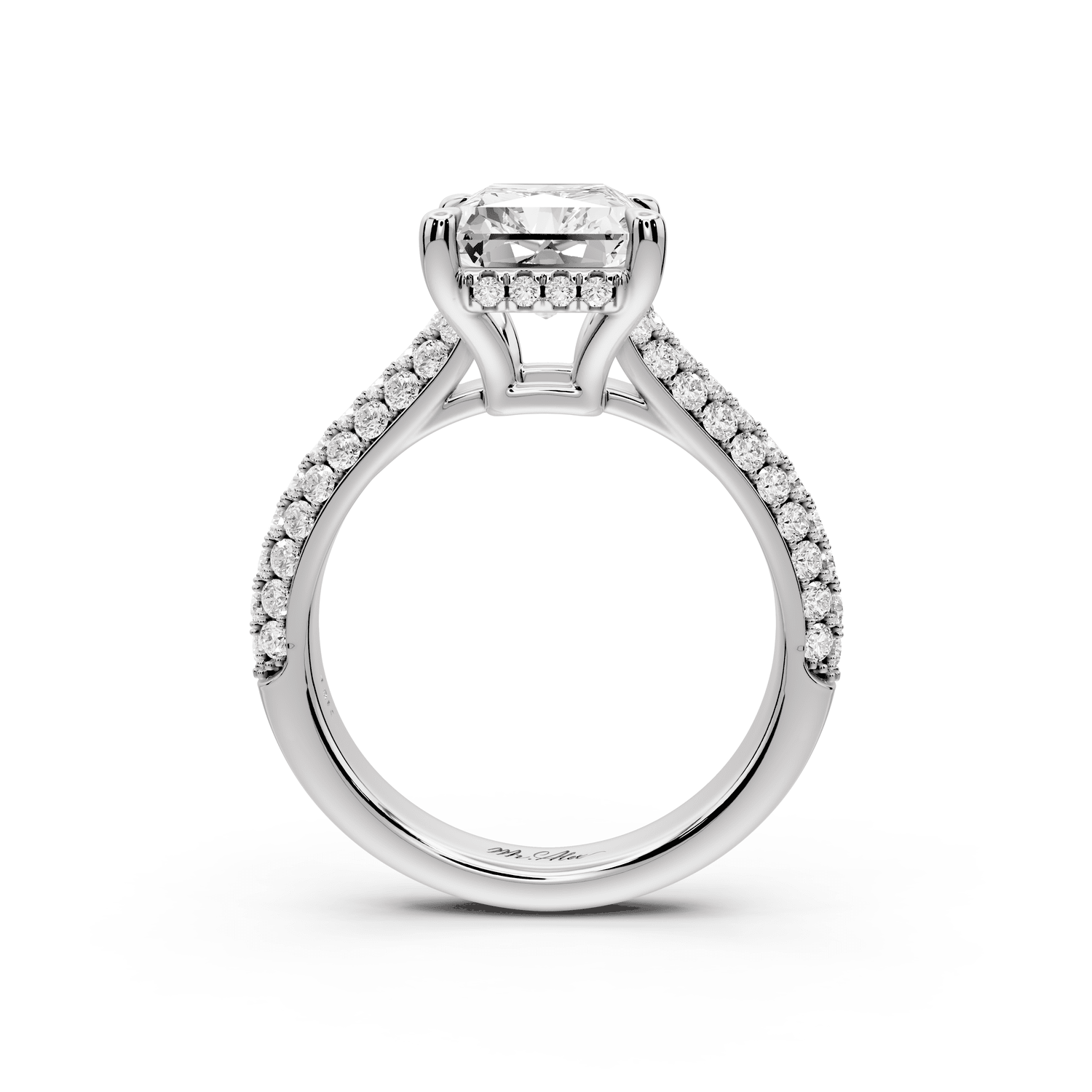 Camille - 3ct platinum radiant Diamond hidden halo rollover pave cathedral engagement ring - Mr. Alex Jewelry