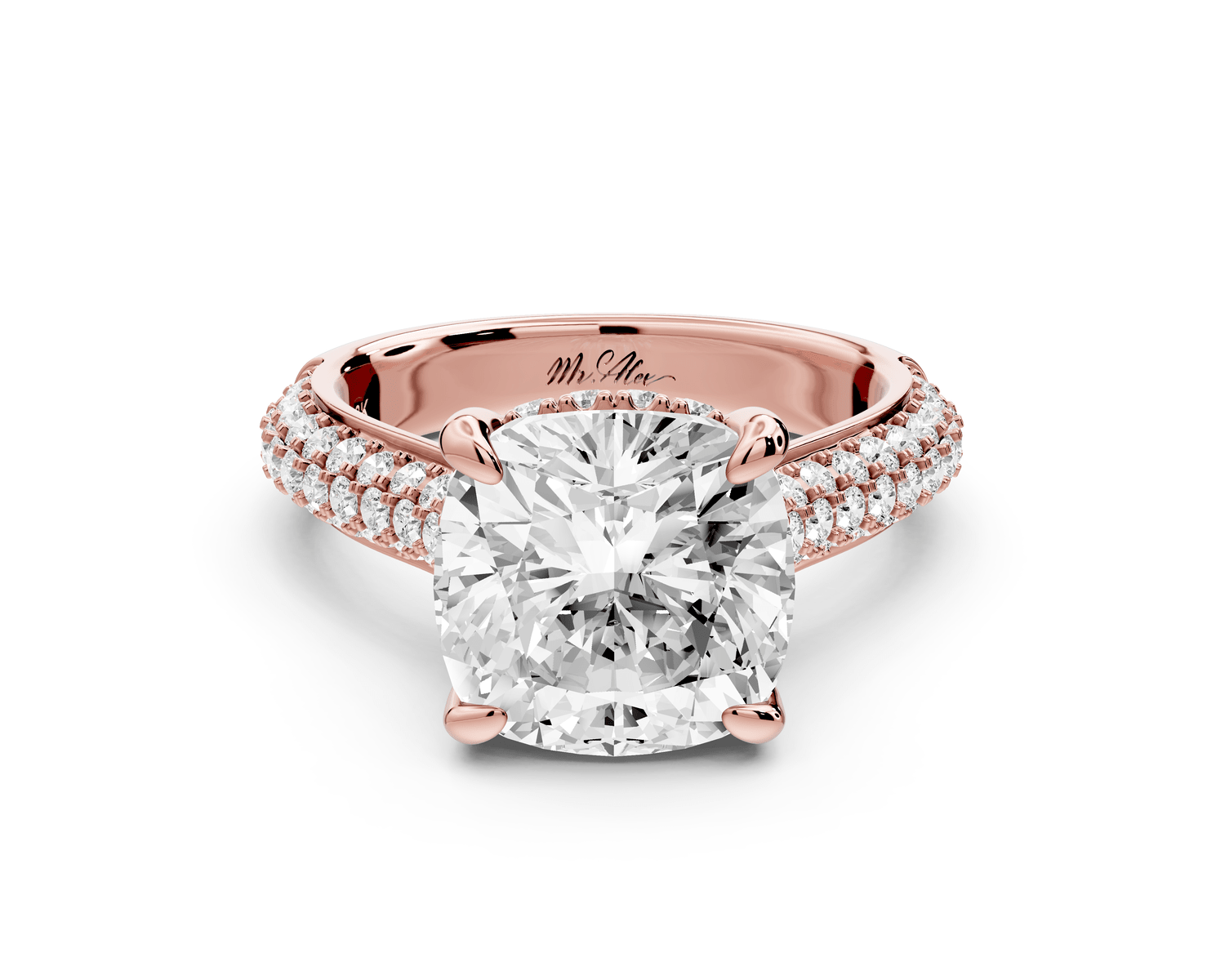 Camille - 4ct 14k rose gold cushion Diamond hidden halo rollover pave cathedral engagement ring - Mr. Alex Jewelry