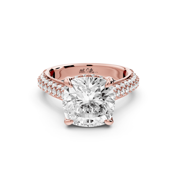 Camille - 4ct 14k rose gold cushion Diamond hidden halo rollover pave cathedral engagement ring - Mr. Alex Jewelry