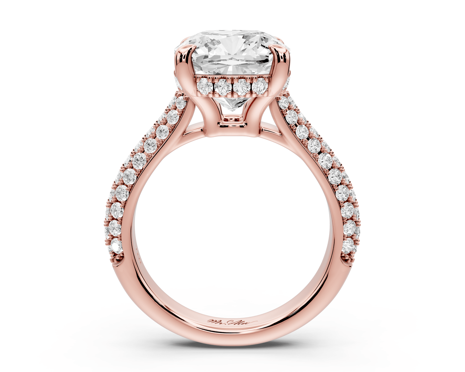 Camille - 4ct 14k rose gold cushion Diamond hidden halo rollover pave cathedral engagement ring - Mr. Alex Jewelry